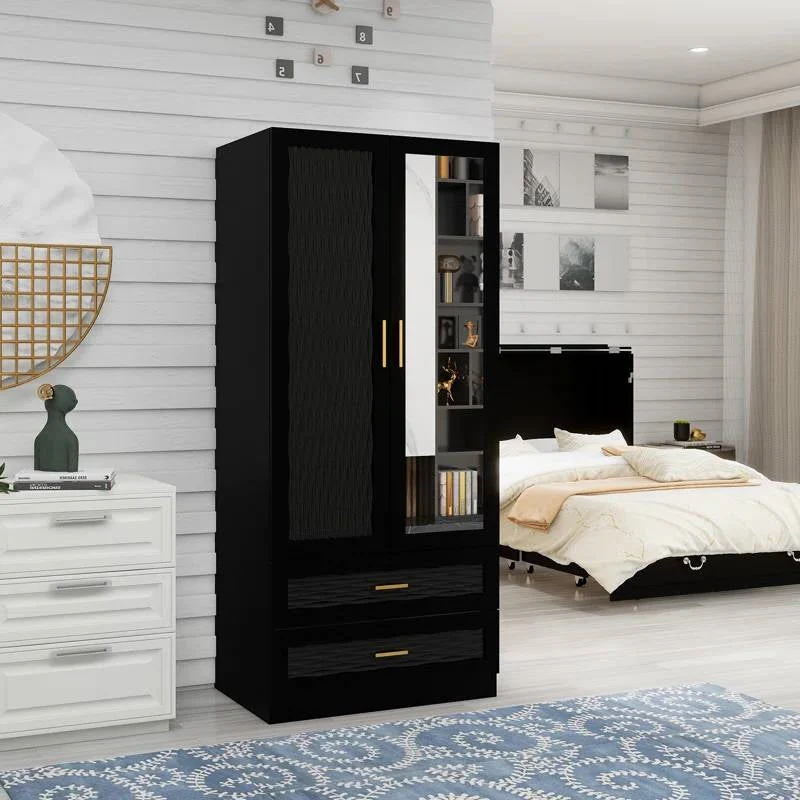 Black Wardrobe Armoire Cabinet with Mirror Hanging Rod and Storage Drawers - Image 3