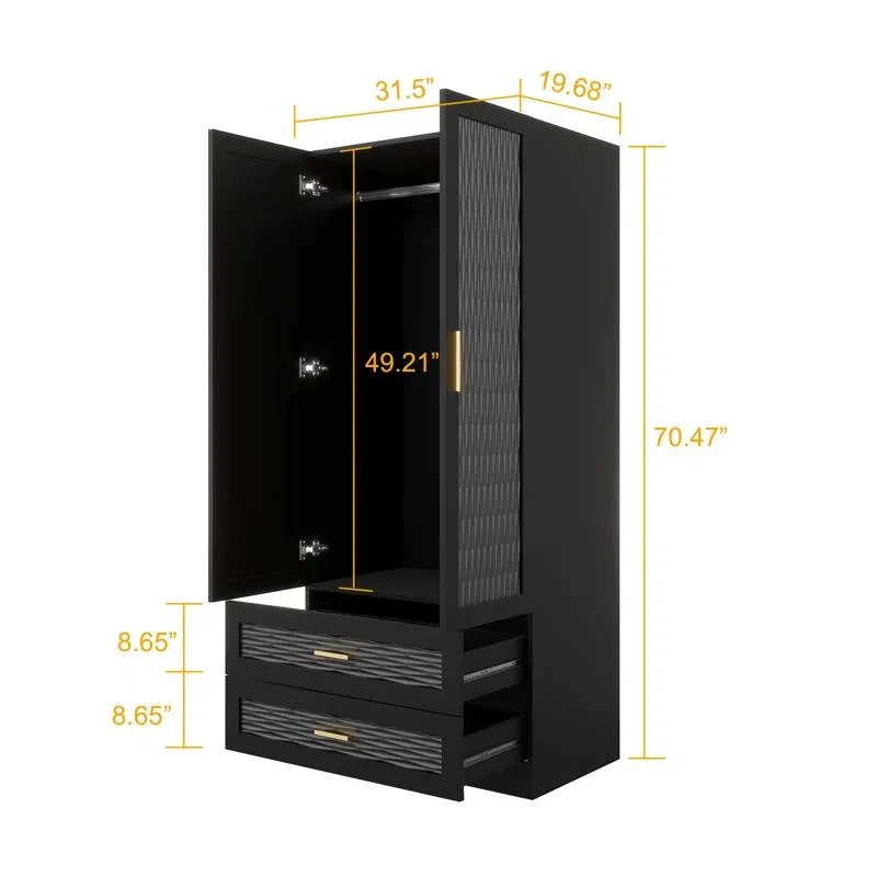 Black Wardrobe Armoire Cabinet with Mirror Hanging Rod and Storage Drawers - Image 5