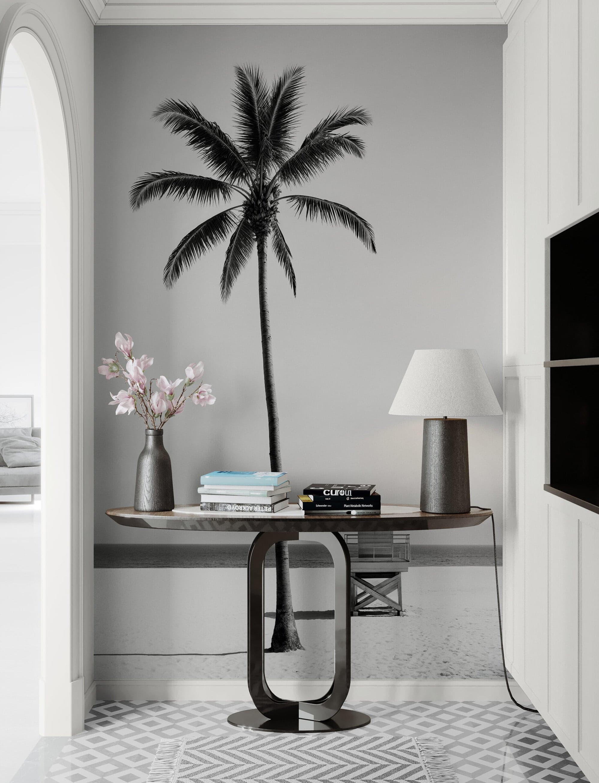 Black & White Tropical Palm Tree Beach Wallpaper Mural. #7015 - Image 3