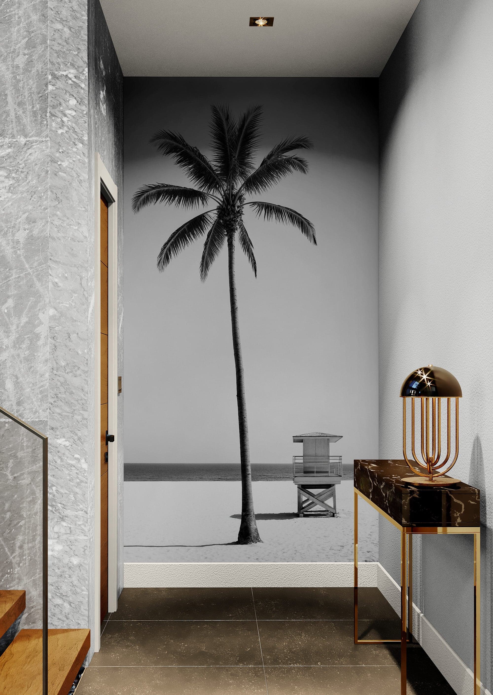 Black & White Tropical Palm Tree Beach Wallpaper Mural. #7015 - Image 4