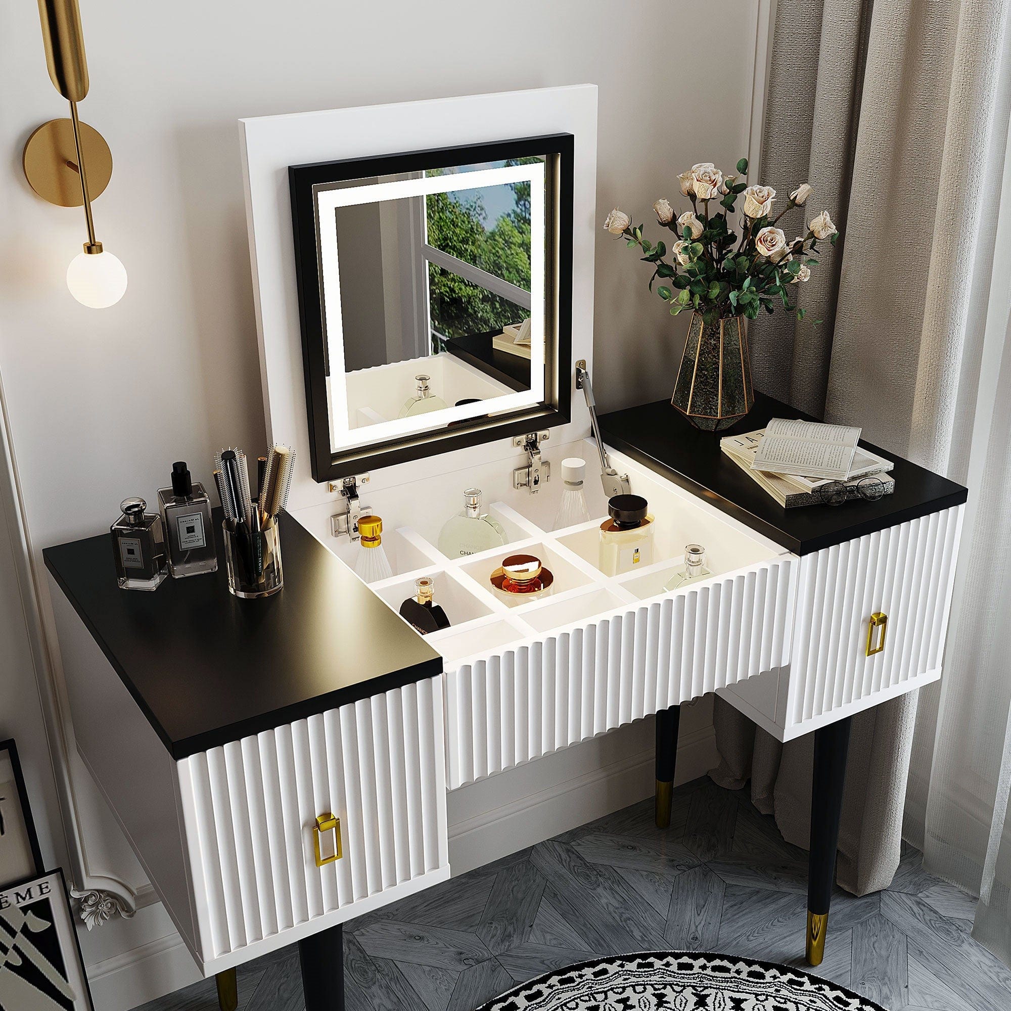 Black & White Vanity Table with LED Mirror – 2 Drawers & Adjustable Storage - Image 2