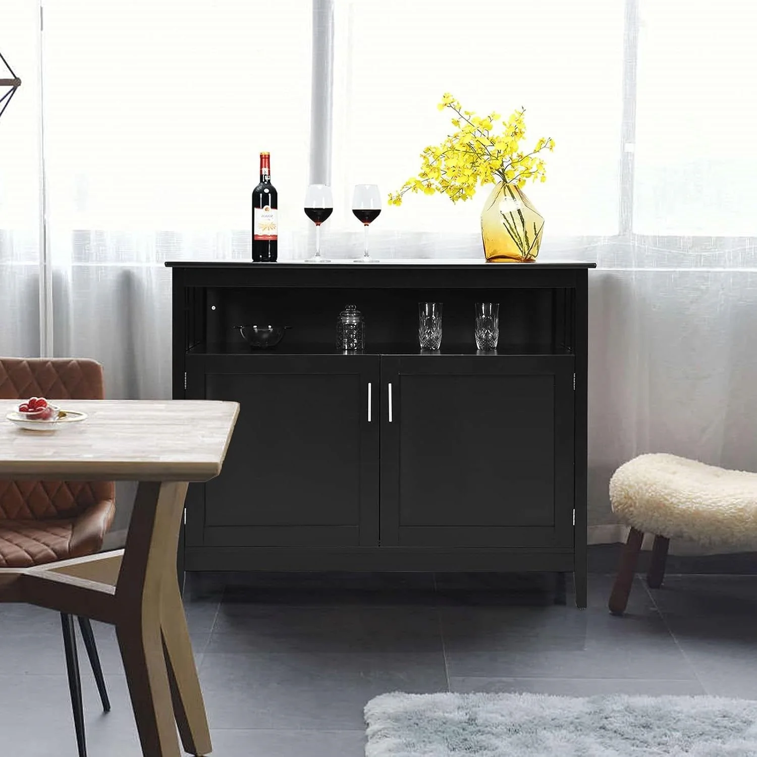 Black Wood 2-Door Dining Buffet Sideboard Cabinet with Open Storage Shelf - Image 3
