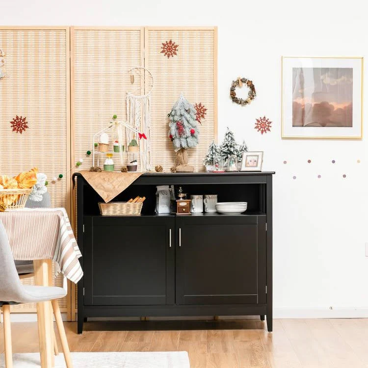 Black Wood 2-Door Dining Buffet Sideboard Cabinet with Open Storage Shelf - Image 4