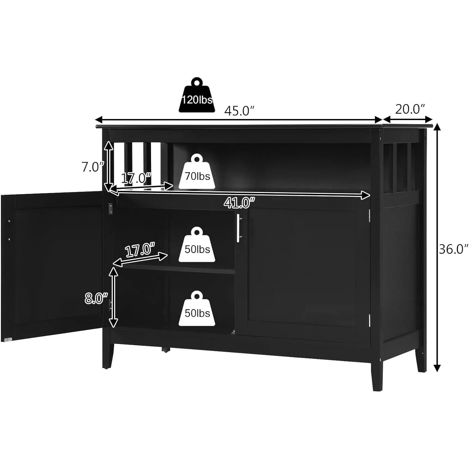 Black Wood 2-Door Dining Buffet Sideboard Cabinet with Open Storage Shelf - Image 5