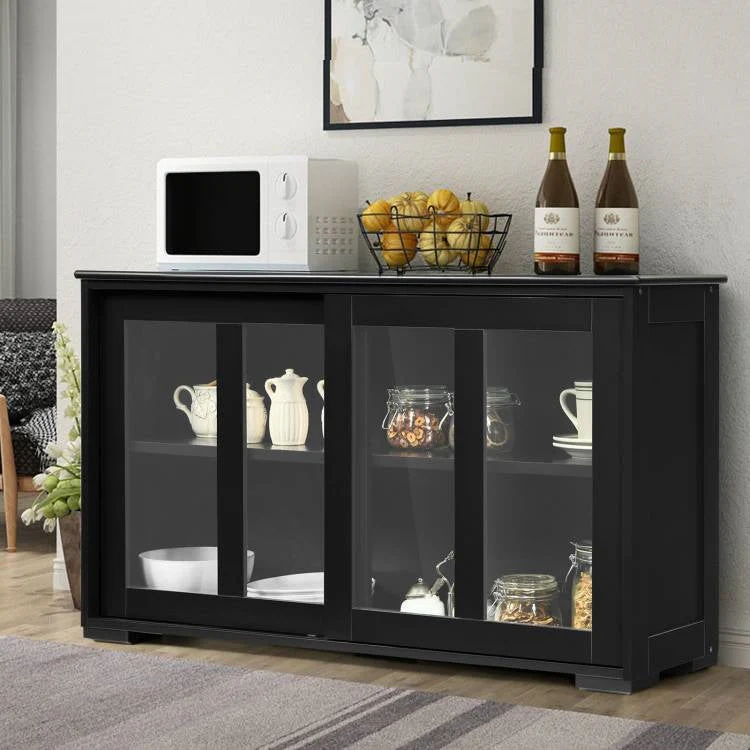 Black Wood Buffet Kitchen Dining Sideboard Storage Cabinet w/ Glass Sliding Door - Image 2