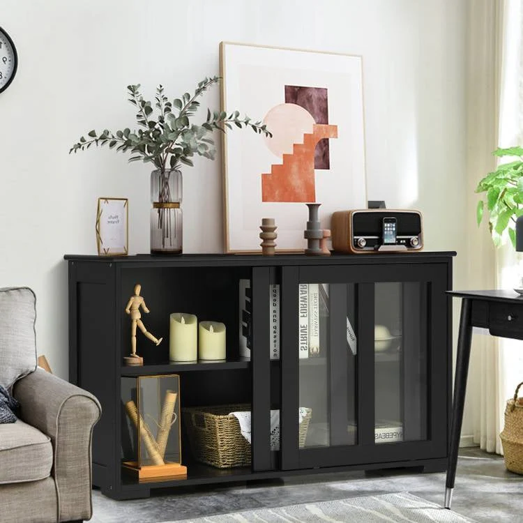 Black Wood Buffet Kitchen Dining Sideboard Storage Cabinet w/ Glass Sliding Door - Image 3