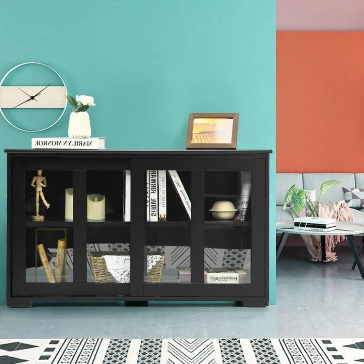 Black Wood Buffet Kitchen Dining Sideboard Storage Cabinet w/ Glass Sliding Door - Image 4
