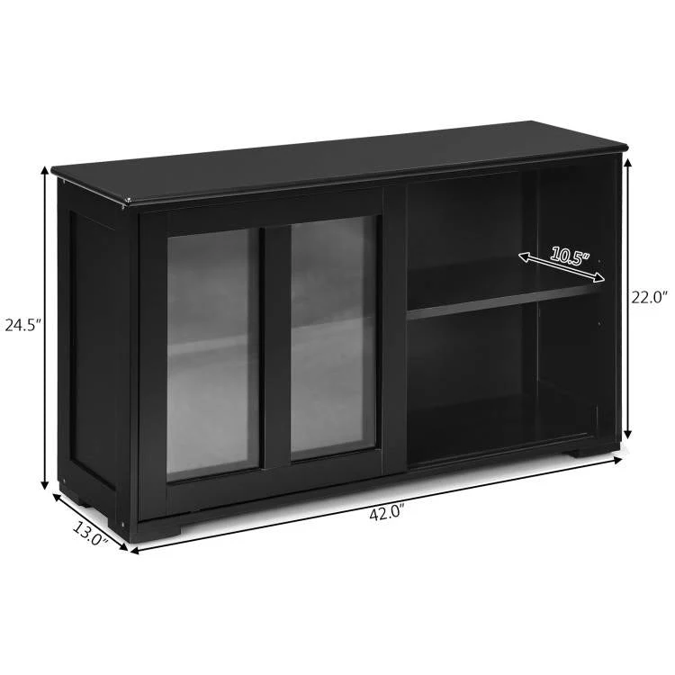 Black Wood Buffet Kitchen Dining Sideboard Storage Cabinet w/ Glass Sliding Door - Image 5