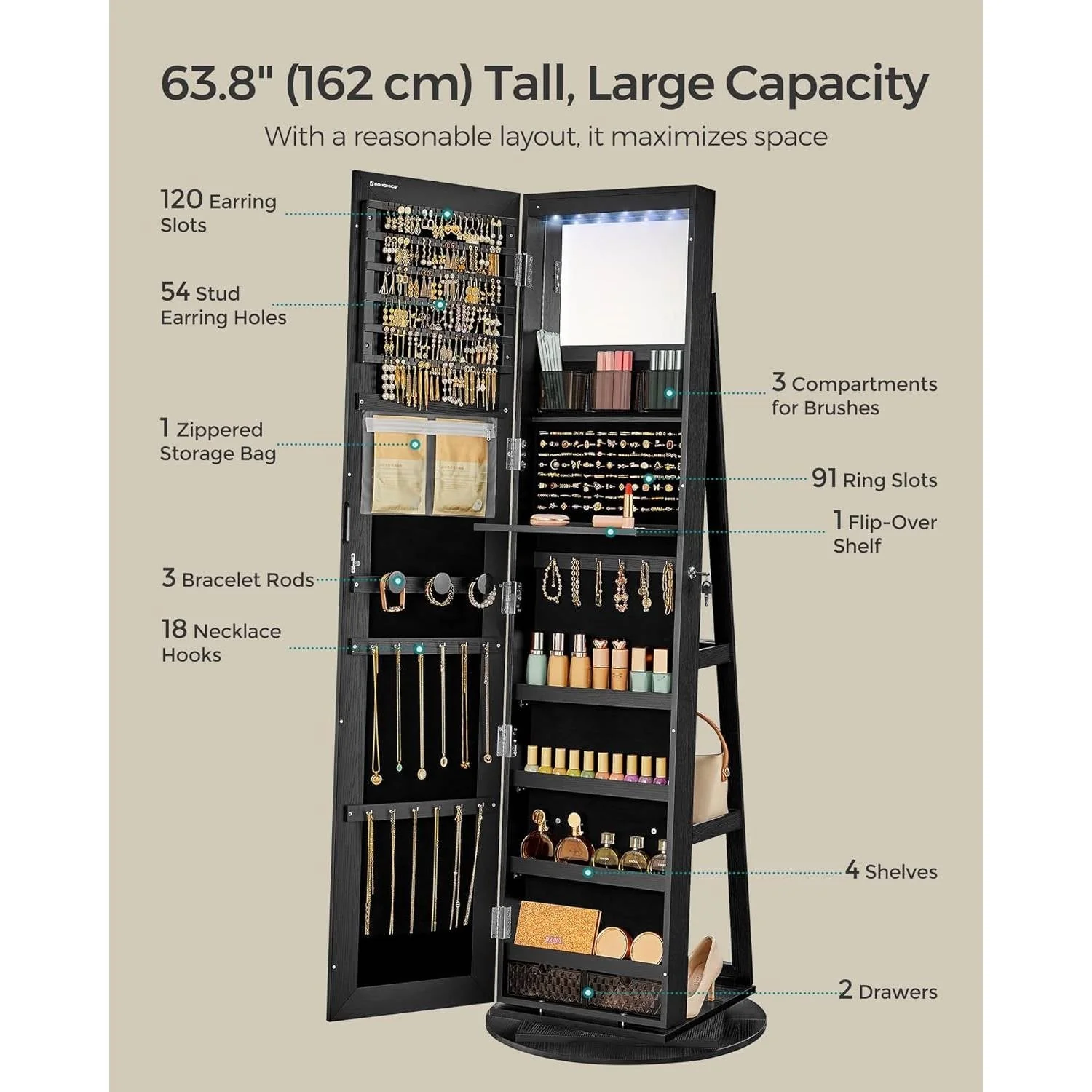 Black Wood Jewelry Cabinet Armoire Organizer Freestanding Rotating Mirror - Image 4