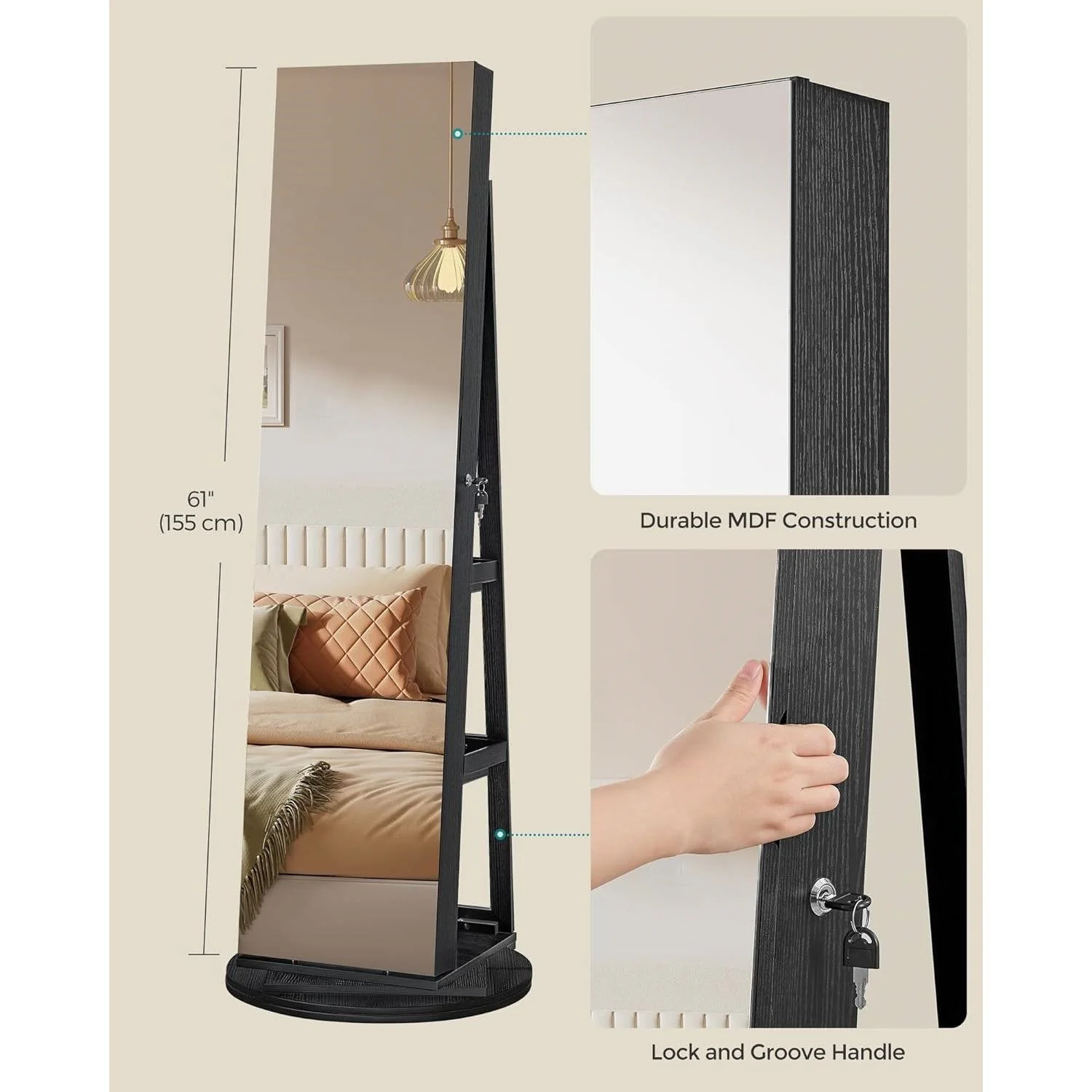 Black Wood Jewelry Cabinet Armoire Organizer Freestanding Rotating Mirror - Image 5