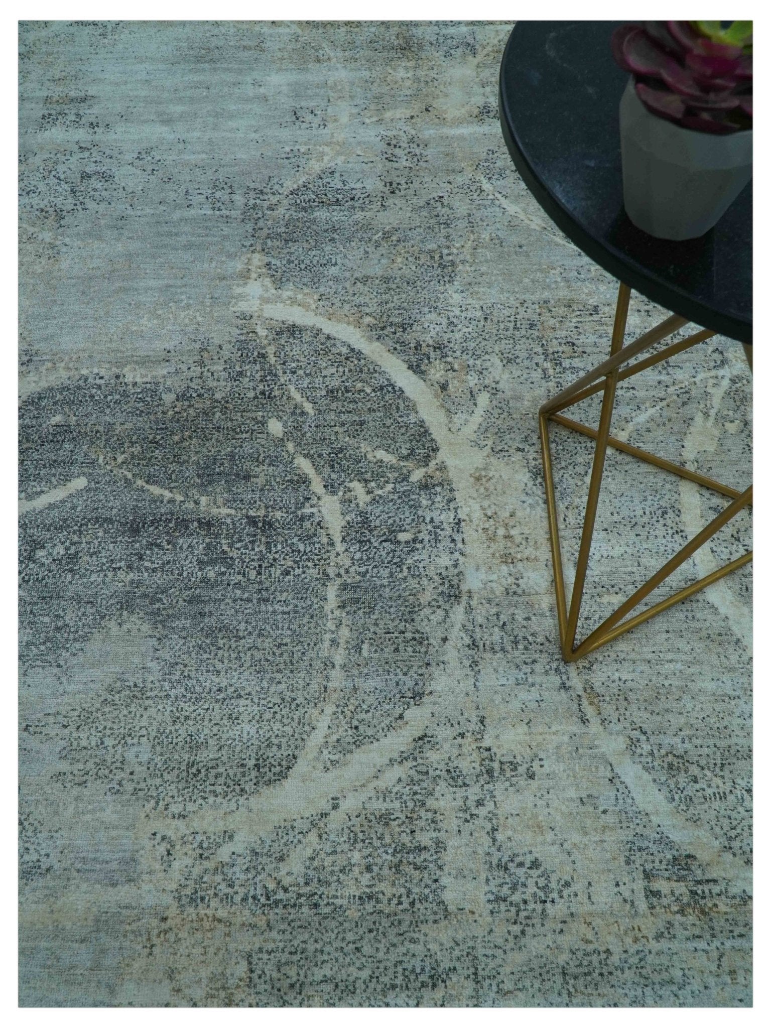 Blue And Beige Modern Abstract Design Hand Knotted 8x10 Bamboo Silk Area Rug - Image 3