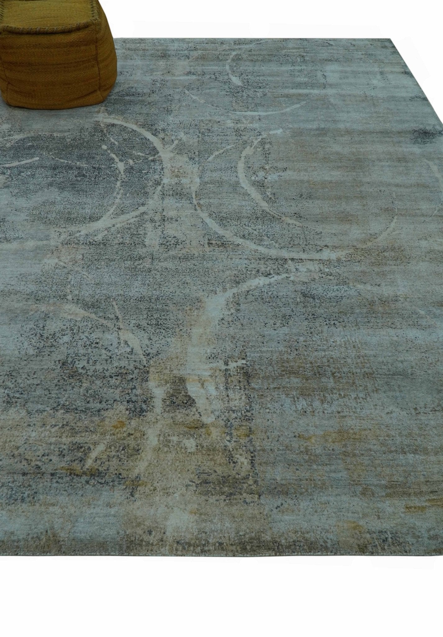 Blue And Beige Modern Abstract Design Hand Knotted 8x10 Bamboo Silk Area Rug - Image 4