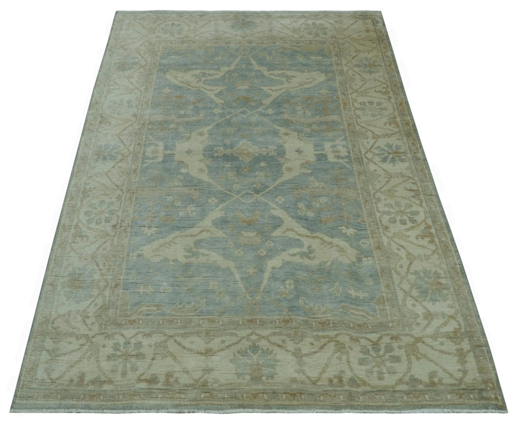 Blue And Beige Traditional Oushak Design Hand Knotted 6x9 wool area rug - Image 11