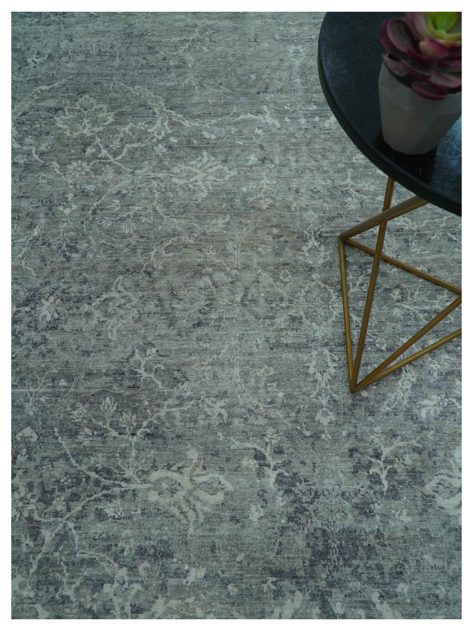 Blue And charcoal Transitional Design Hand Knotted 8.8x11.6 Wool Area Rug - Image 3