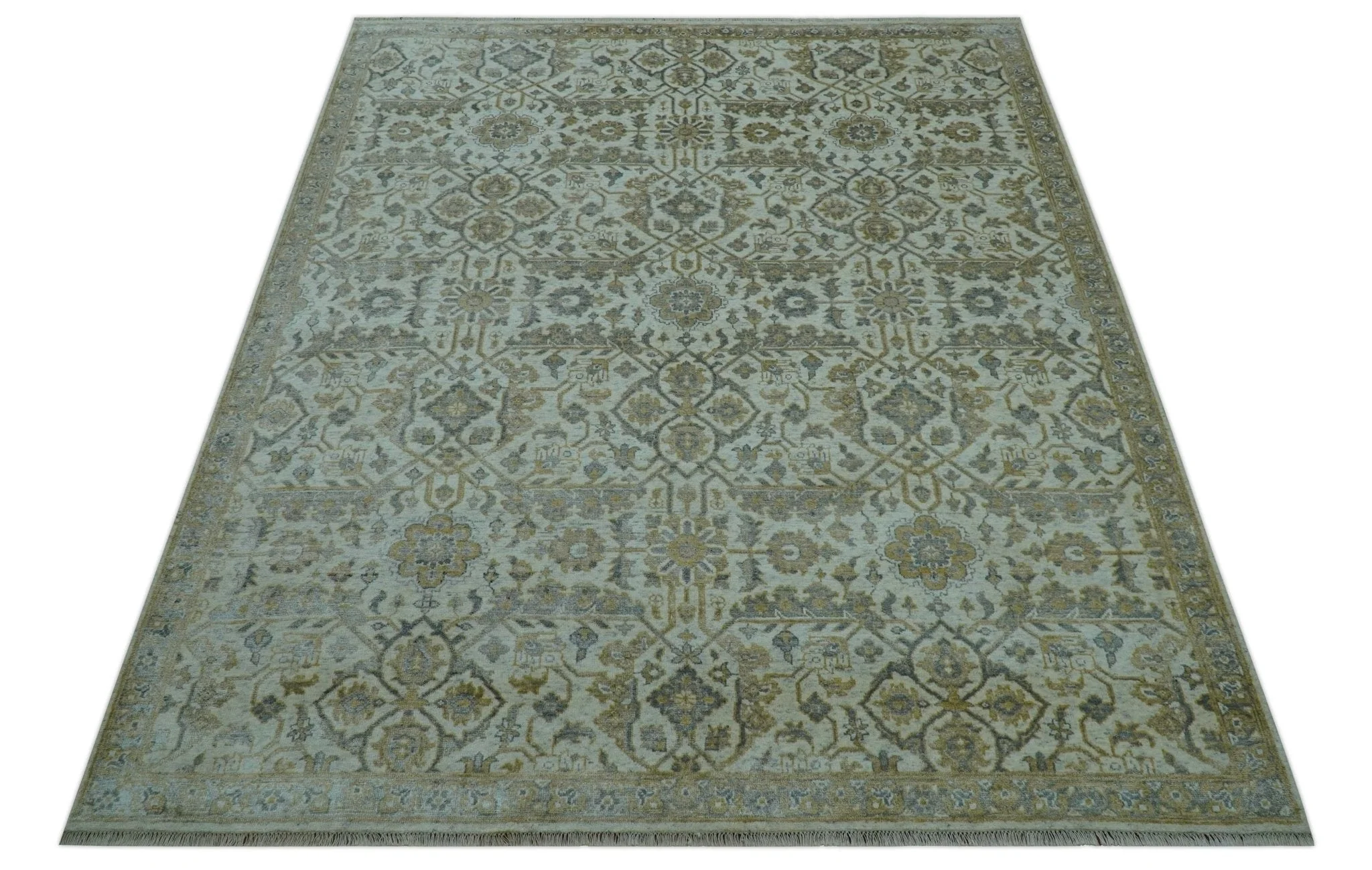 Blue And Gold Fine Hand Knotted traditional Oriental Oushak design  8x10 wool area rug - Image 11