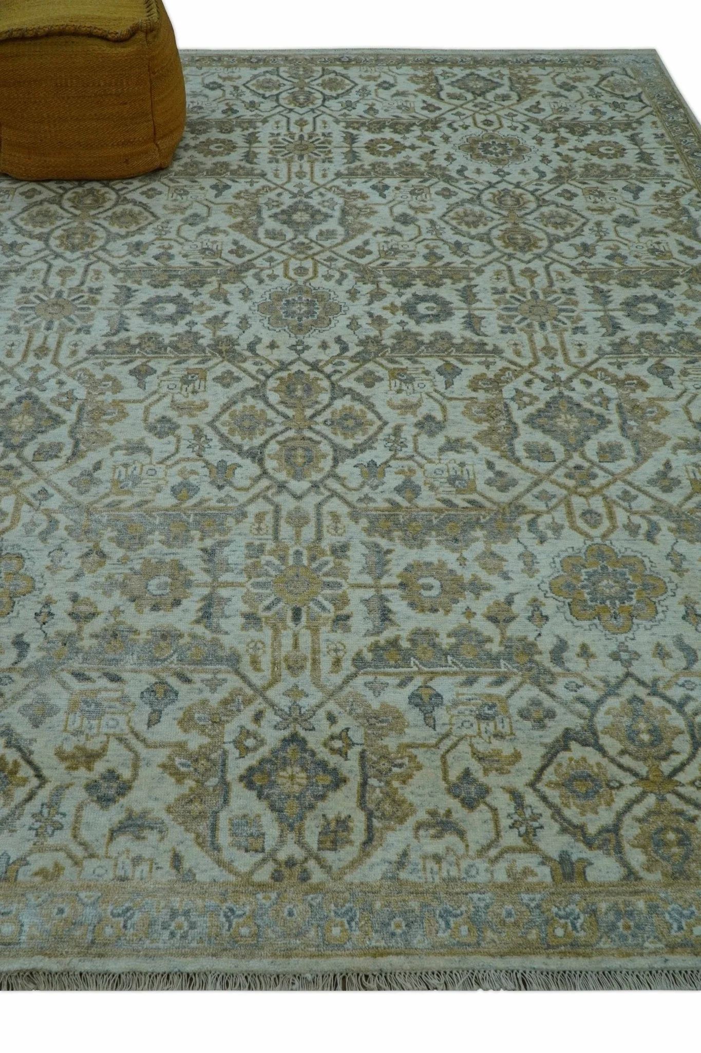 Blue And Gold Fine Hand Knotted traditional Oriental Oushak design  8x10 wool area rug - Image 4