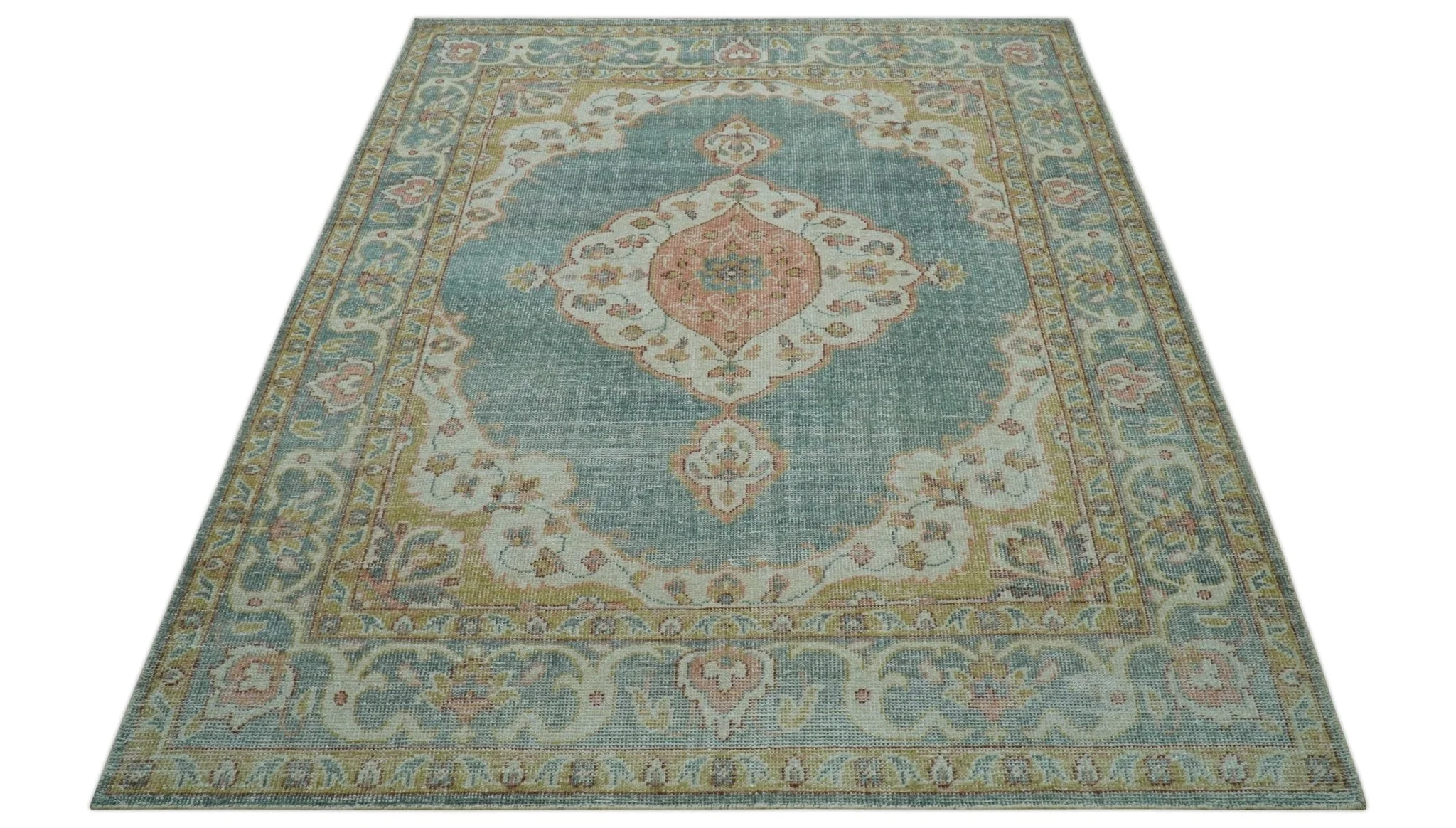 Blue And Peach Traditional Turkish Design Hand Knotted 8x10 Wool Area Rug - Image 10