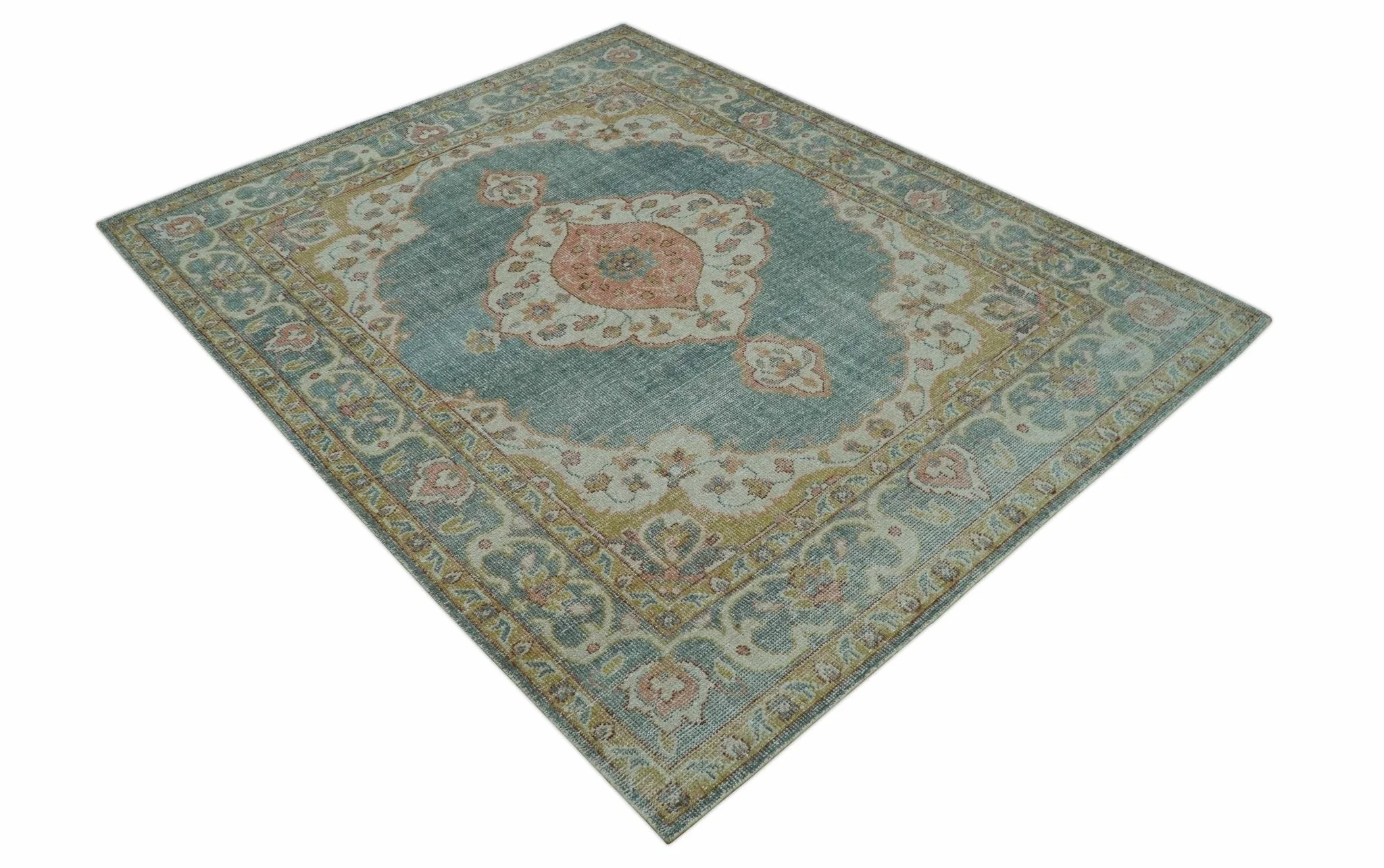 Blue And Peach Traditional Turkish Design Hand Knotted 8x10 Wool Area Rug - Image 11