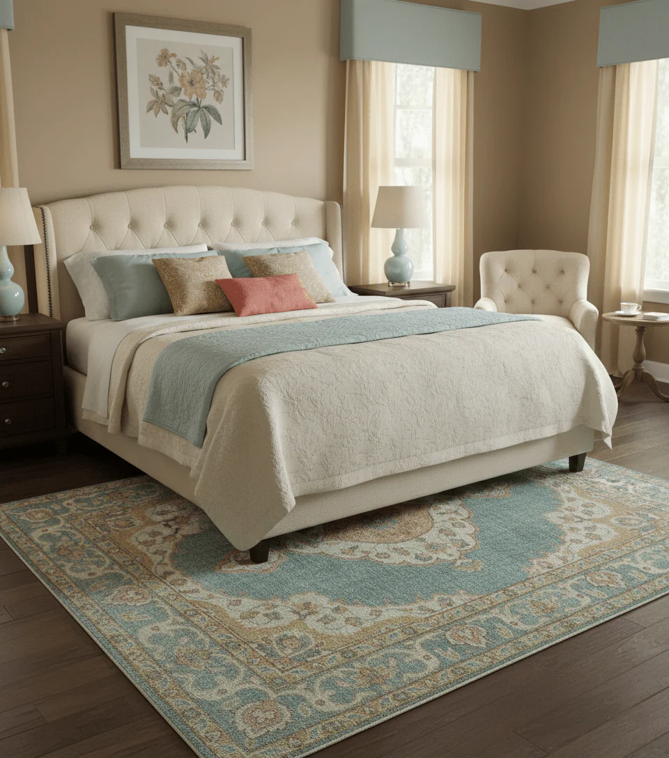 Blue And Peach Traditional Turkish Design Hand Knotted 8x10 Wool Area Rug - Image 2