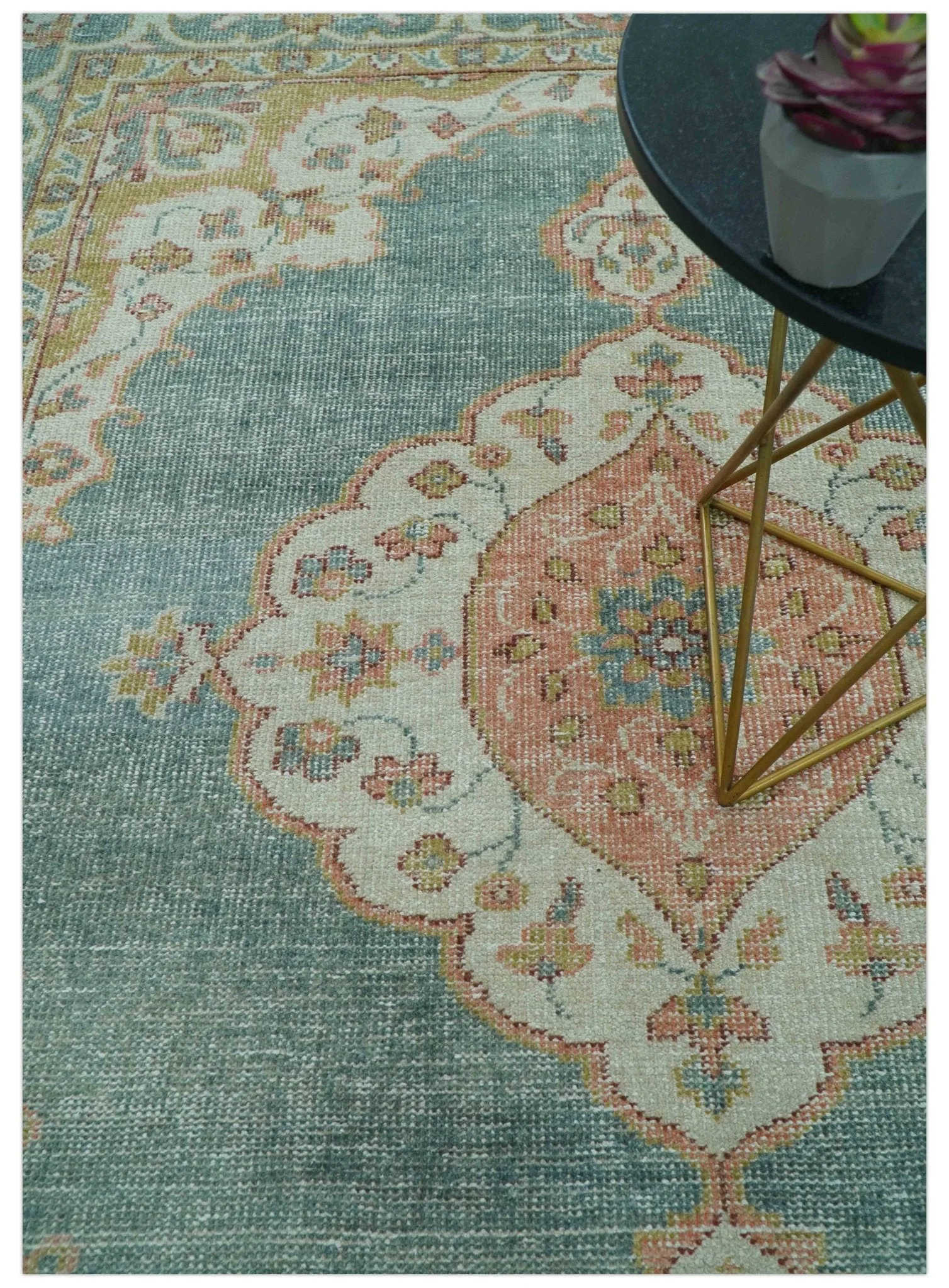 Blue And Peach Traditional Turkish Design Hand Knotted 8x10 Wool Area Rug - Image 8