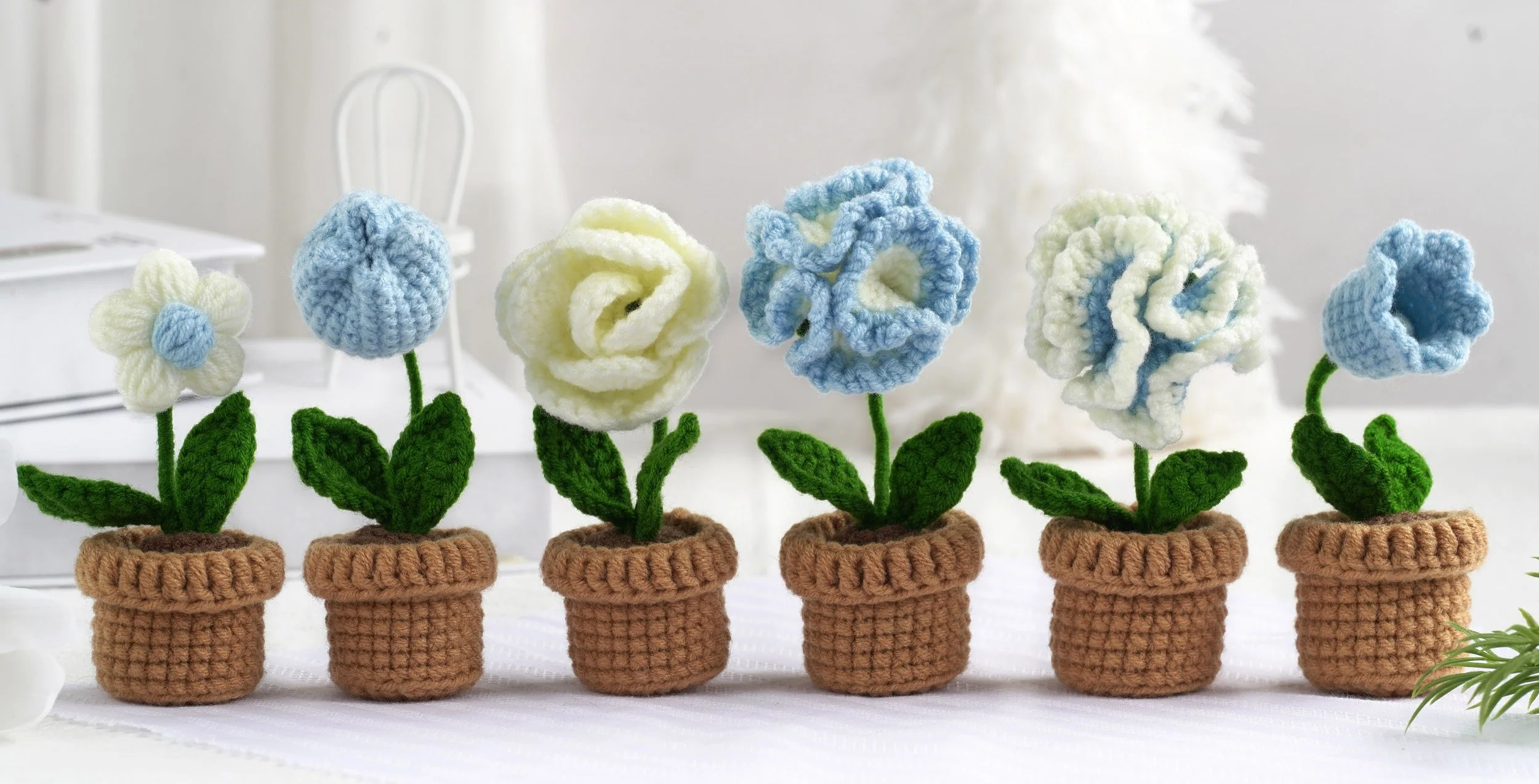Blue and White Flowers. Potted Flower Amigurumi DIY Crochet Kit Wizardi F07N8-M20 - Image 3