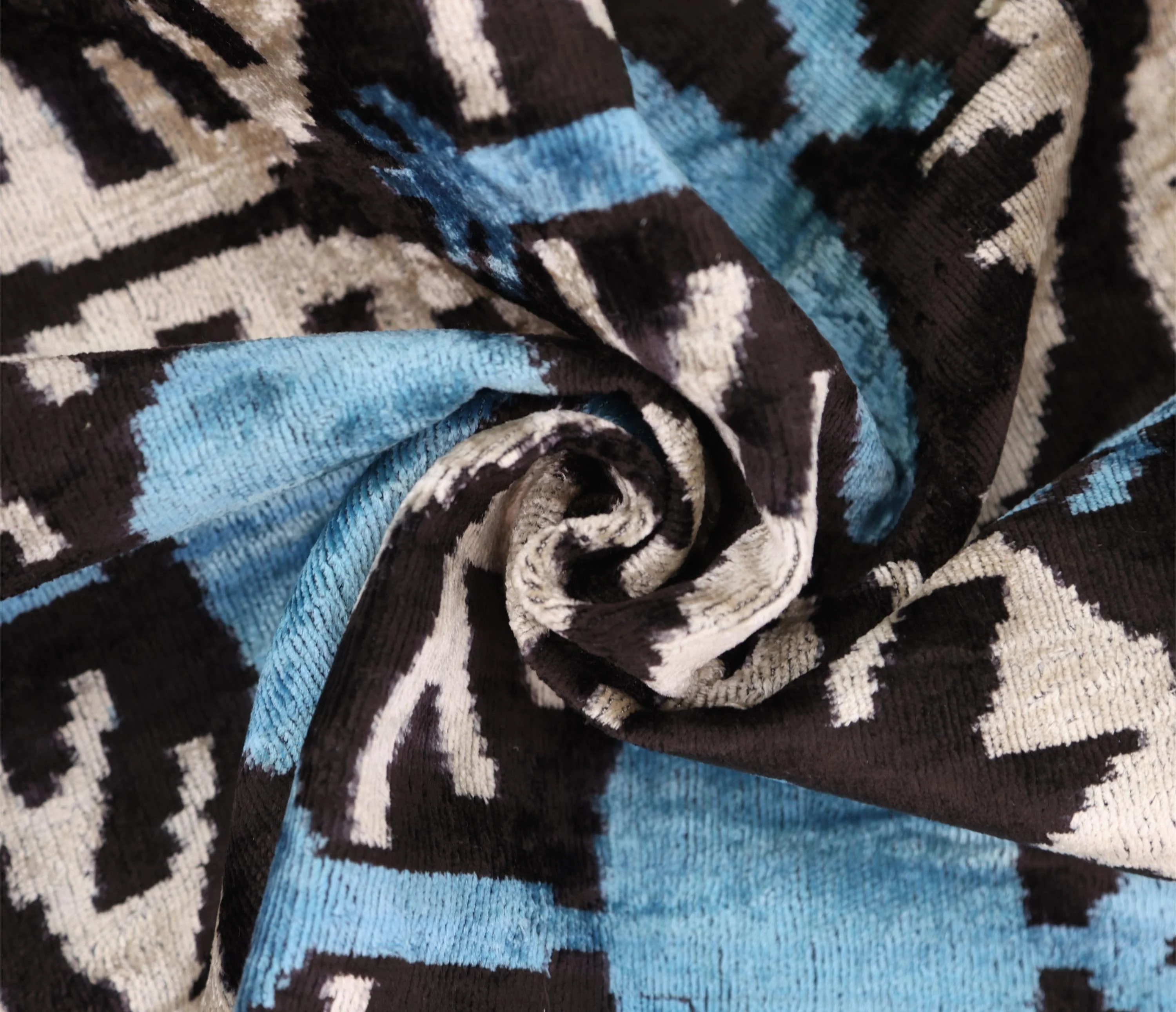 Blue Black Geometric Silk Velvet Pillow – 20x20 Handmade Ikat Throw Cushion - Image 2
