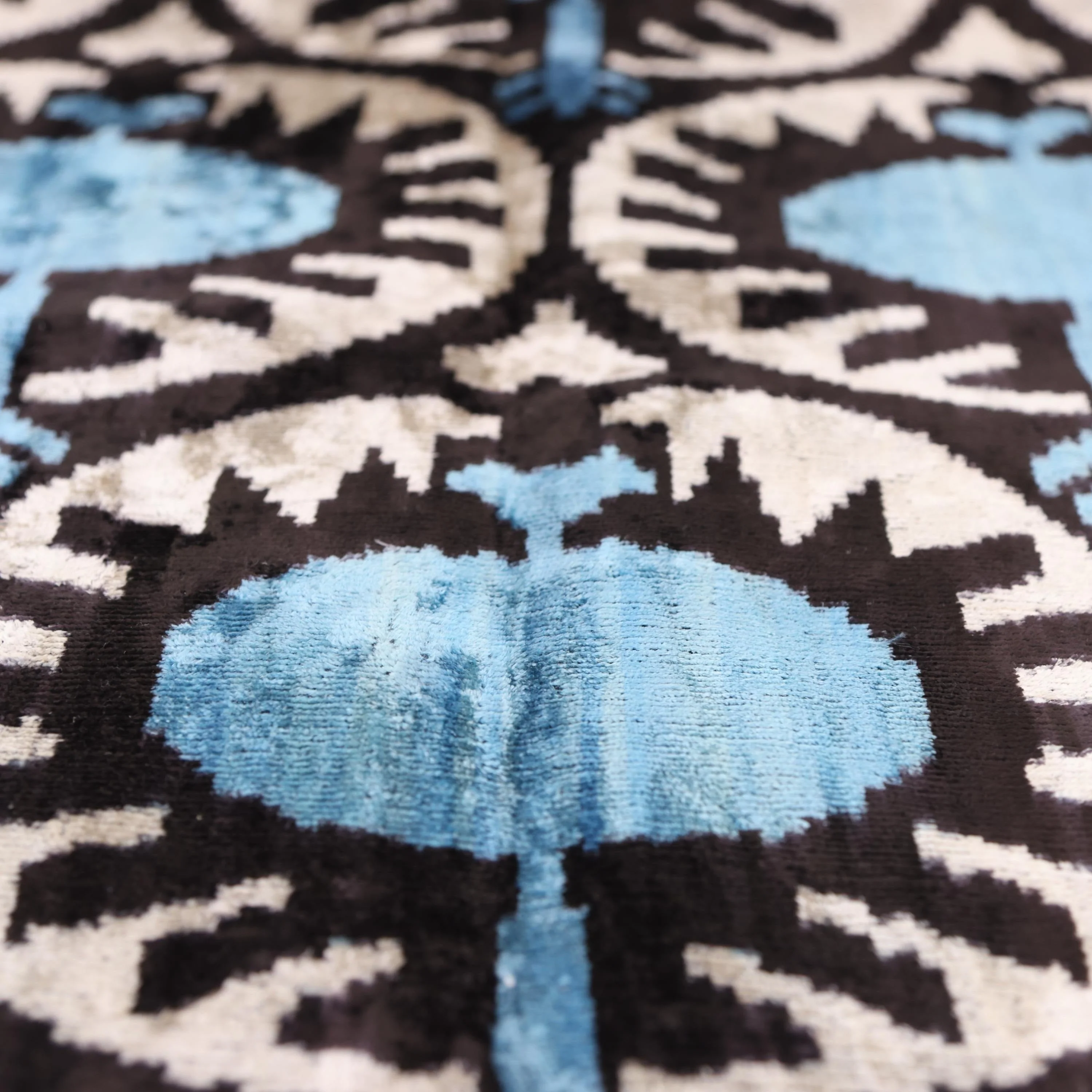 Blue Black Geometric Silk Velvet Pillow – 20x20 Handmade Ikat Throw Cushion - Image 3