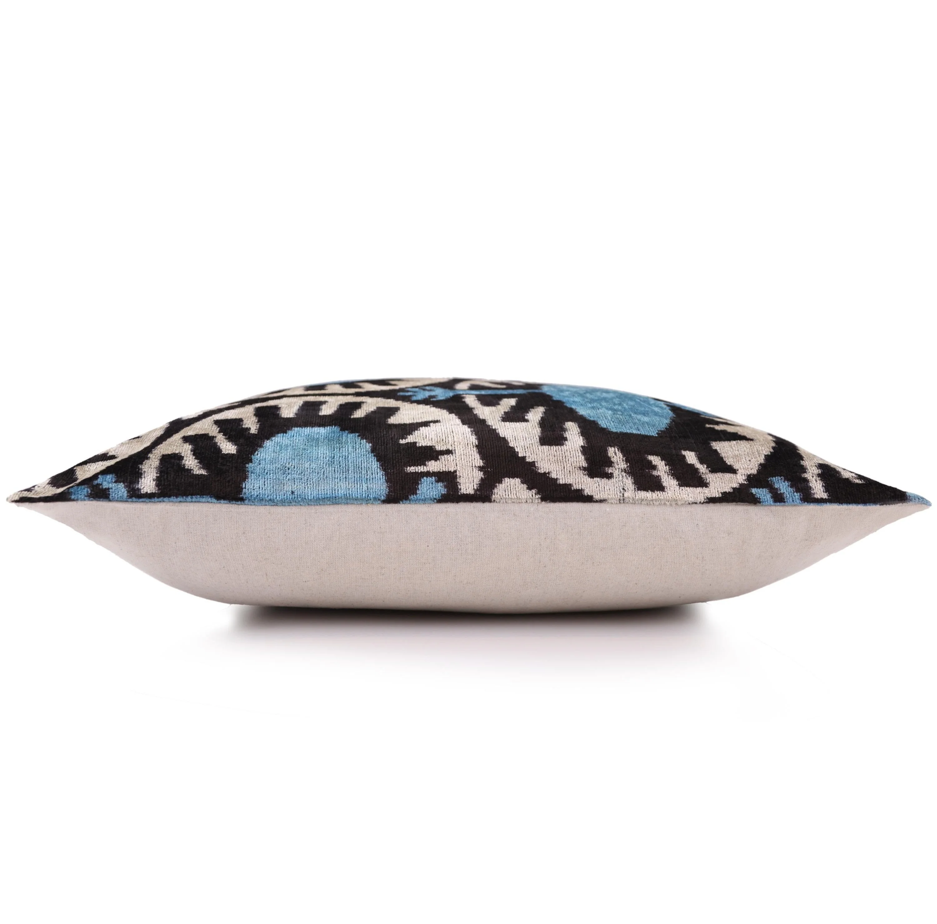 Blue Black Geometric Silk Velvet Pillow – 20x20 Handmade Ikat Throw Cushion - Image 4