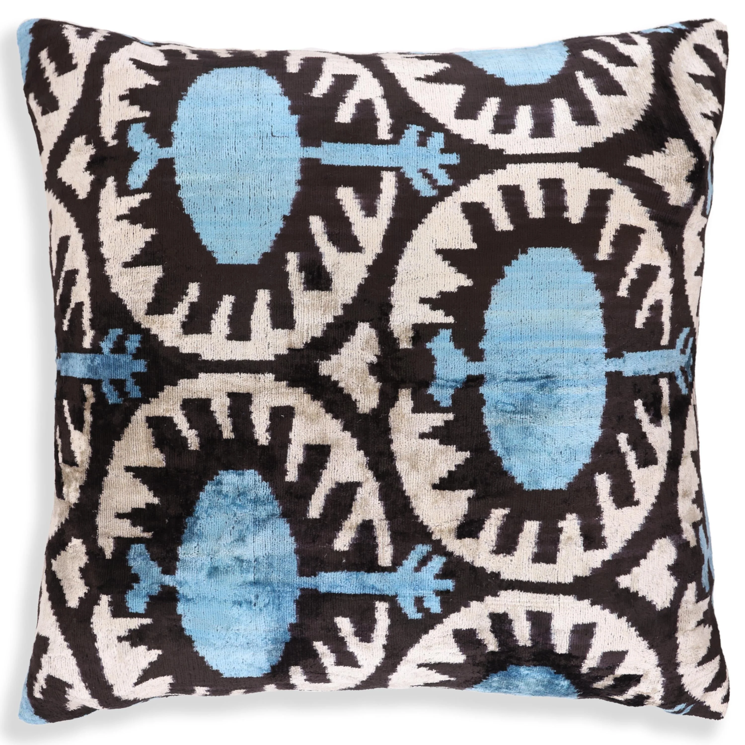 Blue Black Geometric Silk Velvet Pillow – 20x20 Handmade Ikat Throw Cushion - Image 5