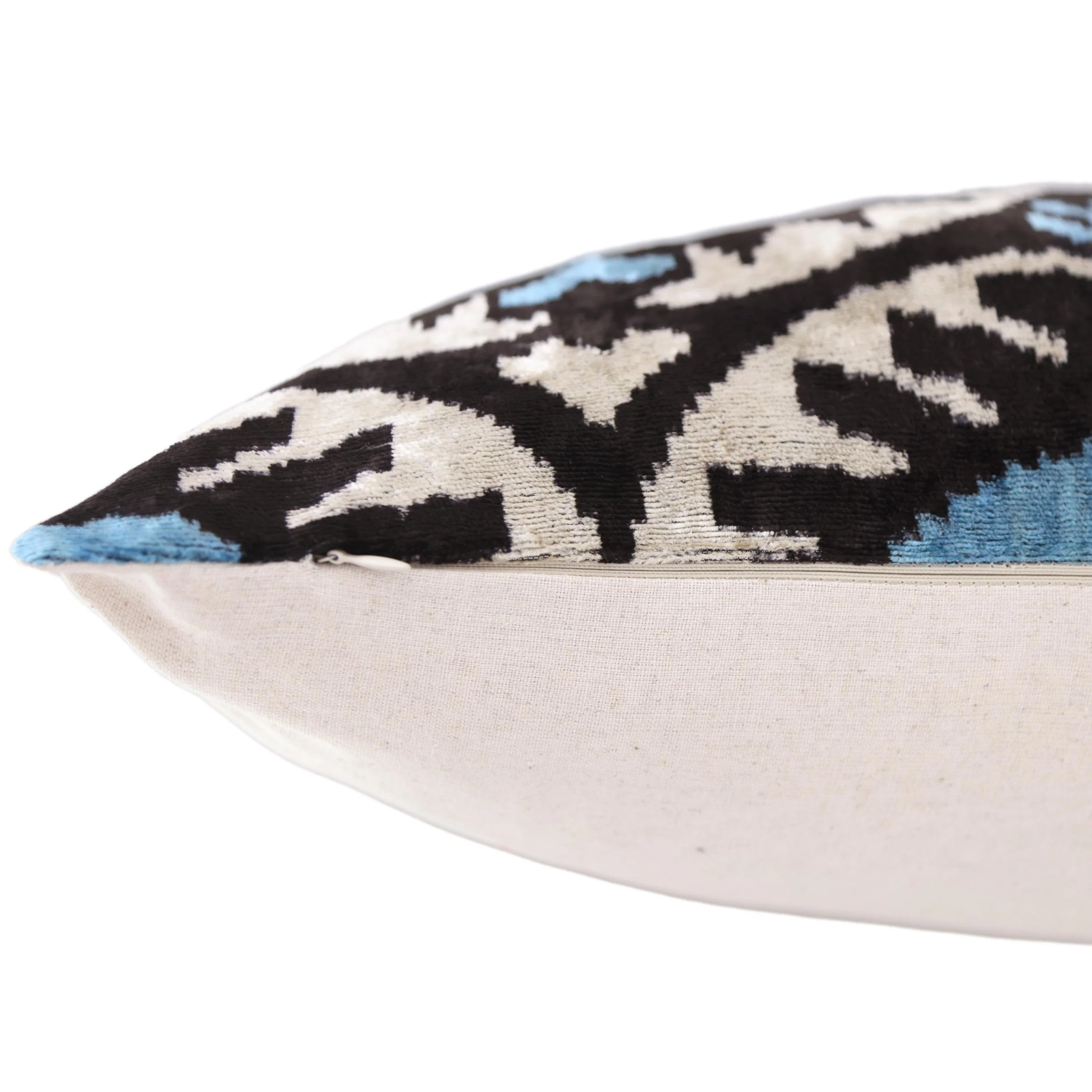 Blue Black Geometric Silk Velvet Pillow – 20x20 Handmade Ikat Throw Cushion - Image 6