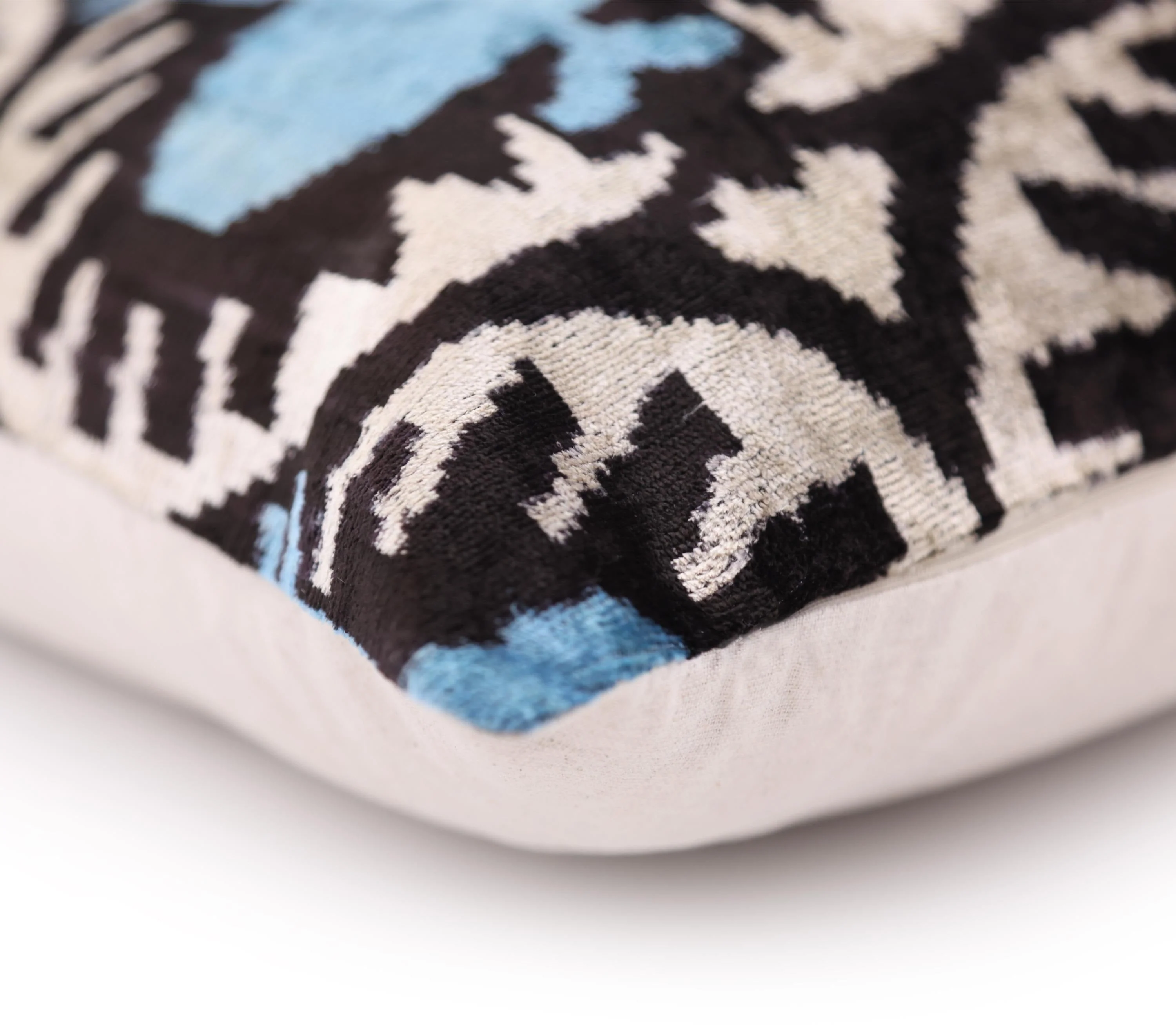 Blue Black Geometric Silk Velvet Pillow – 20x20 Handmade Ikat Throw Cushion - Image 8