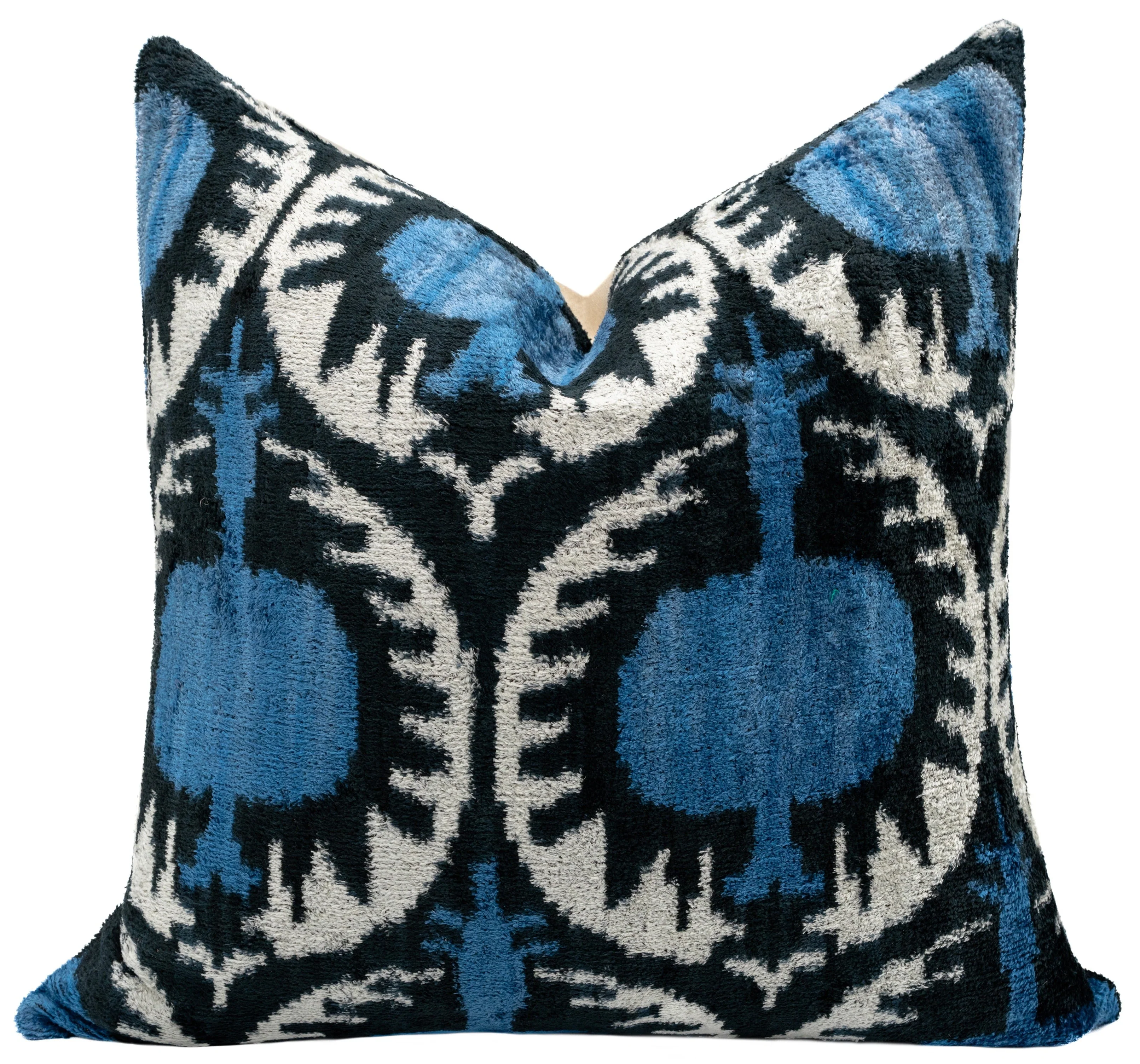 Blue Black Silk Velvet Ikat Pillow – 20x20 Handmade Luxury Throw Cushion - Image 4