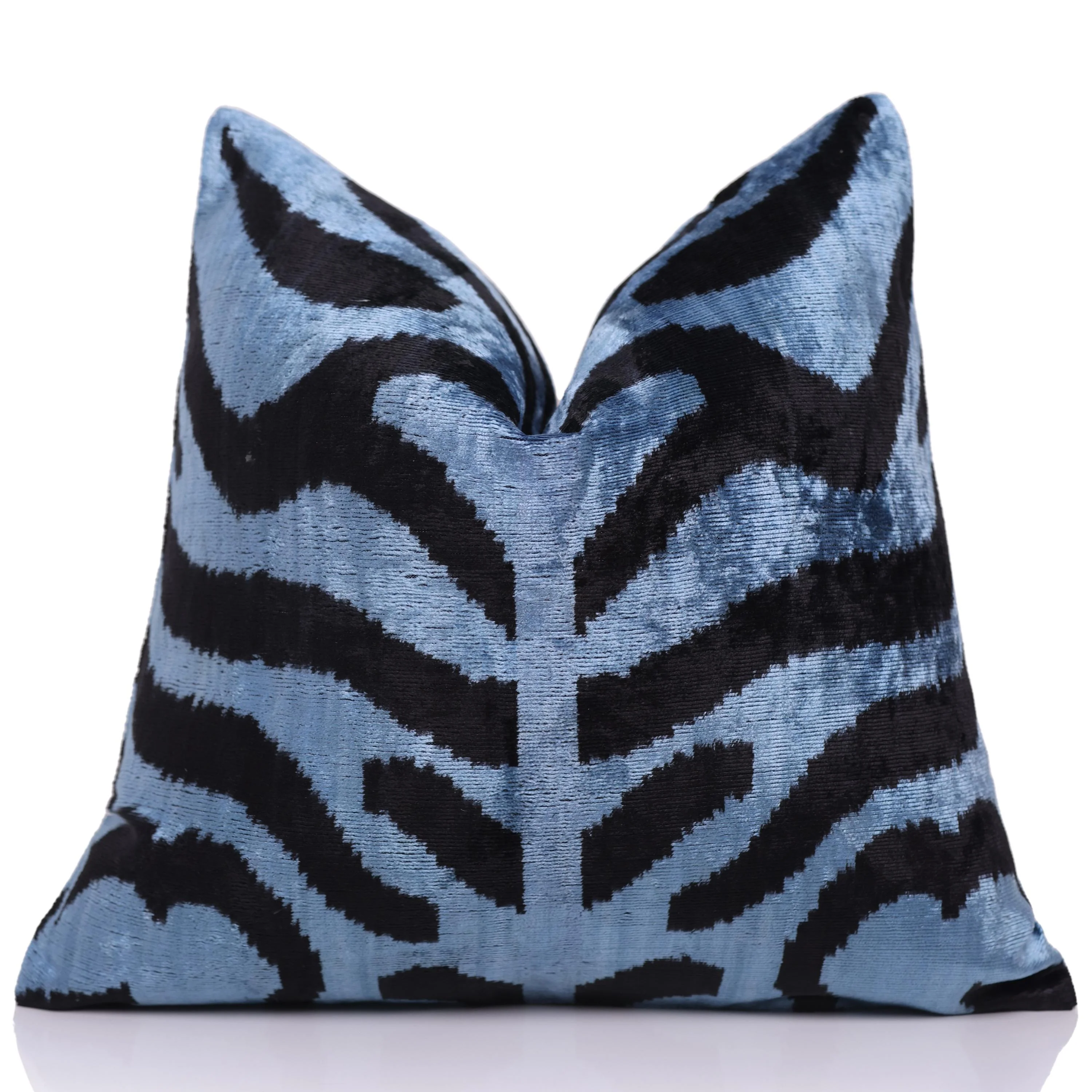 Blue Black Zebra Silk Velvet Pillow – 16x16 Handmade Ikat Cushion - Image 5