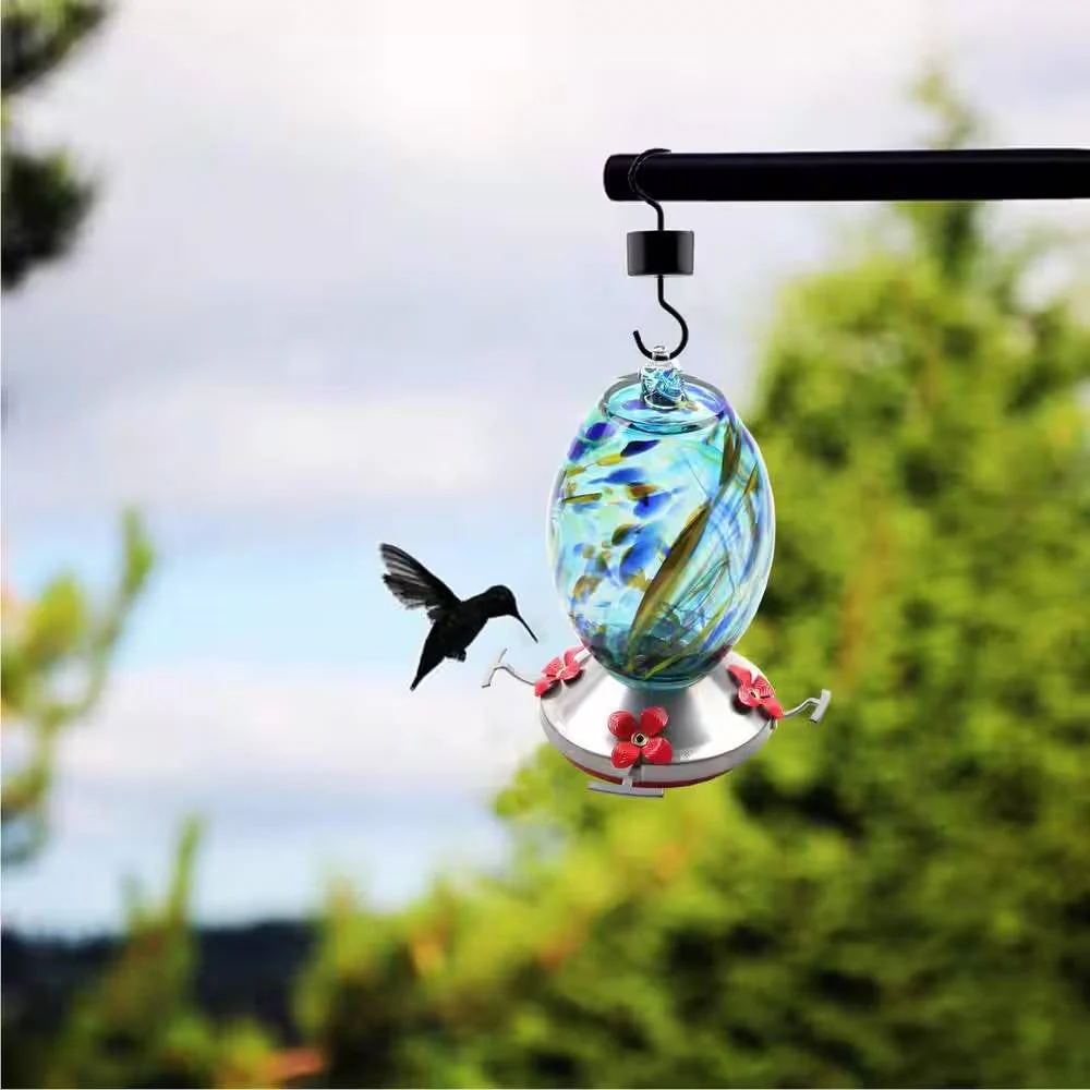 Blue Blown Glass Hummingbird Feeder with Perch and 4 Feeding Ports - Image 2