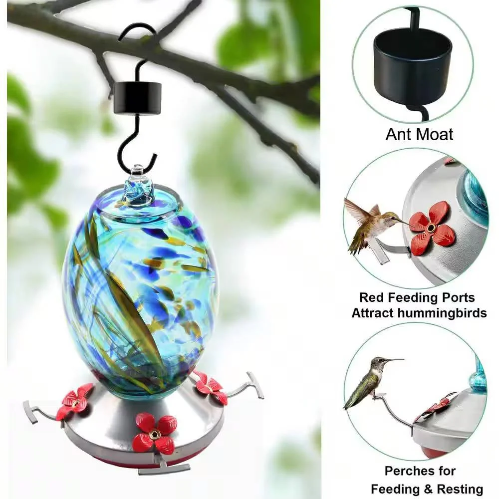 Blue Blown Glass Hummingbird Feeder with Perch and 4 Feeding Ports - Image 3