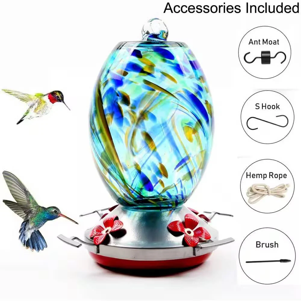 Blue Blown Glass Hummingbird Feeder with Perch and 4 Feeding Ports - Image 4
