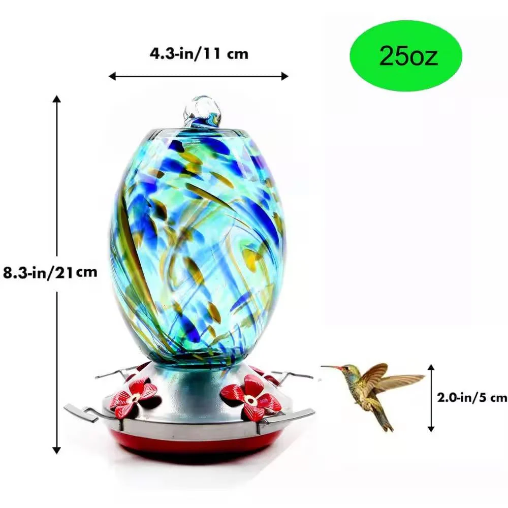 Blue Blown Glass Hummingbird Feeder with Perch and 4 Feeding Ports - Image 5