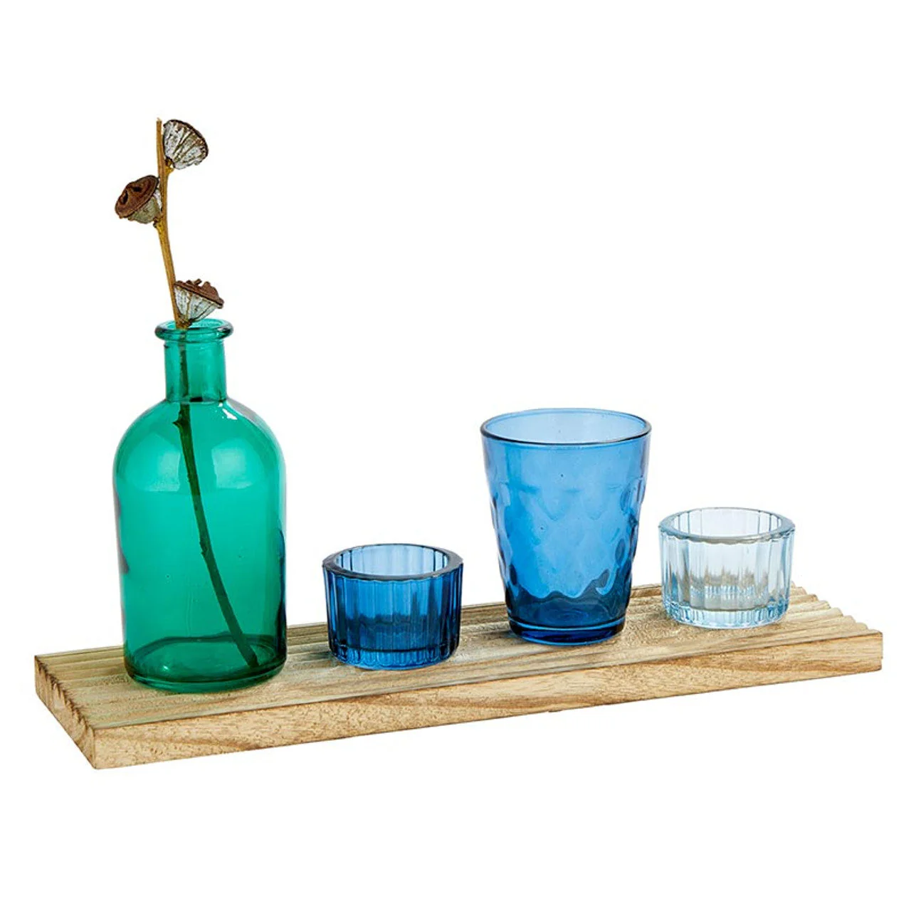 Blue Candle Garden Set | Glass Bottle Vase & Votive Candleholders with Wooden Tray - Image 2