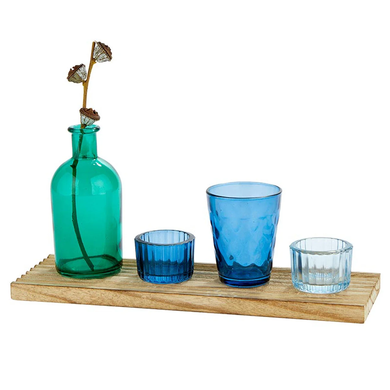 Blue Candle Garden Set | Glass Bottle Vase & Votive Candleholders with Wooden Tray - Image 3