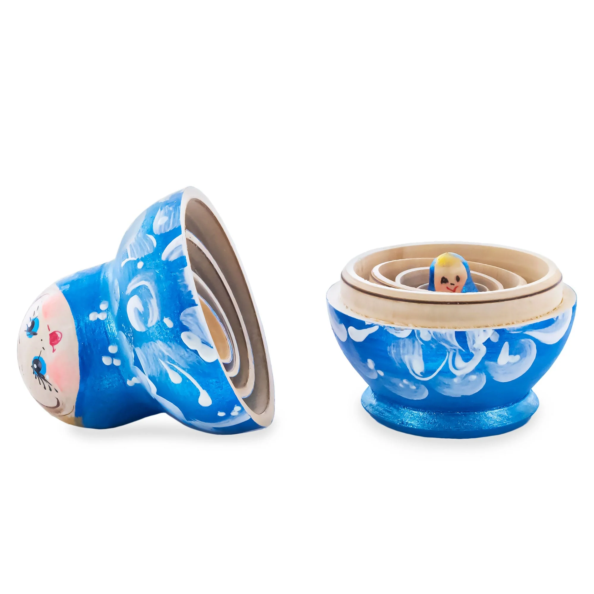 Blue Color with White Ornament Wooden  Nesting Dolls - Image 3