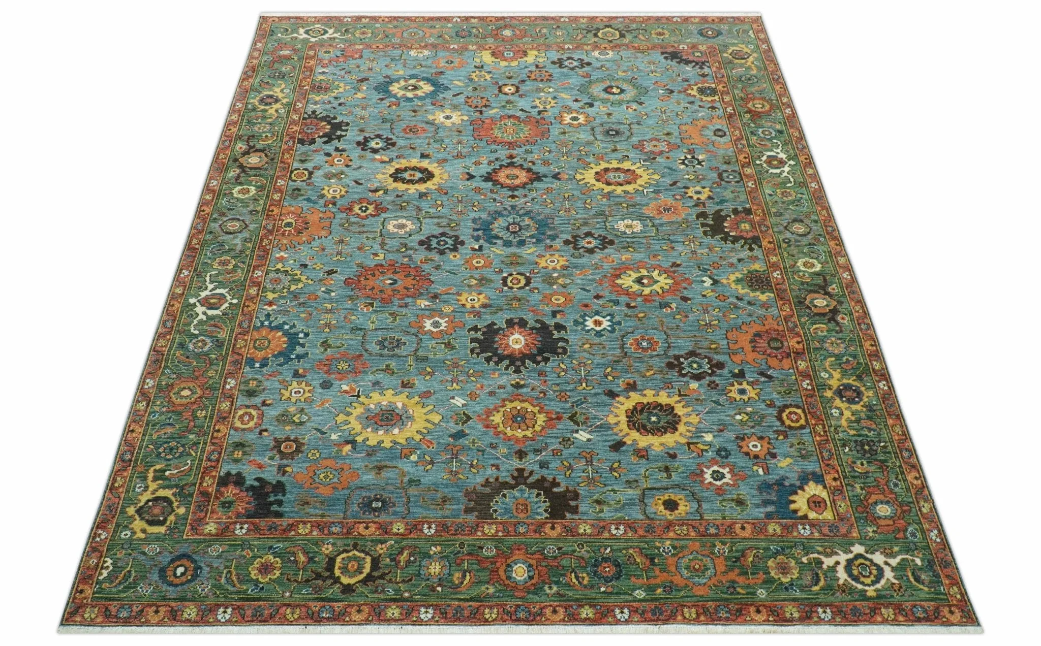 Blue, Green And Rust Traditional Turkish knot fine Hand knotted Wool Area Rug - Image 10