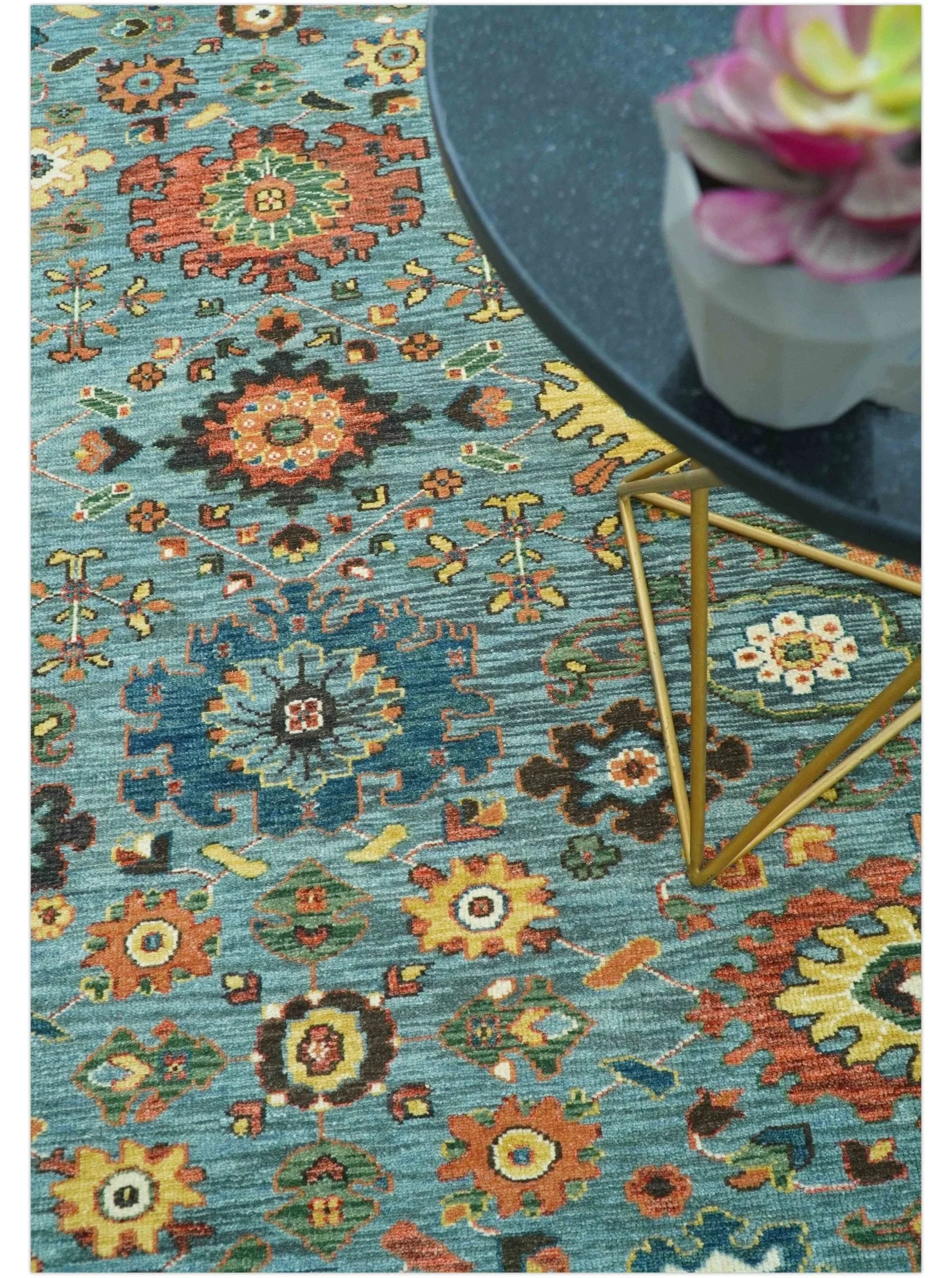 Blue, Green And Rust Traditional Turkish knot fine Hand knotted Wool Area Rug - Image 3