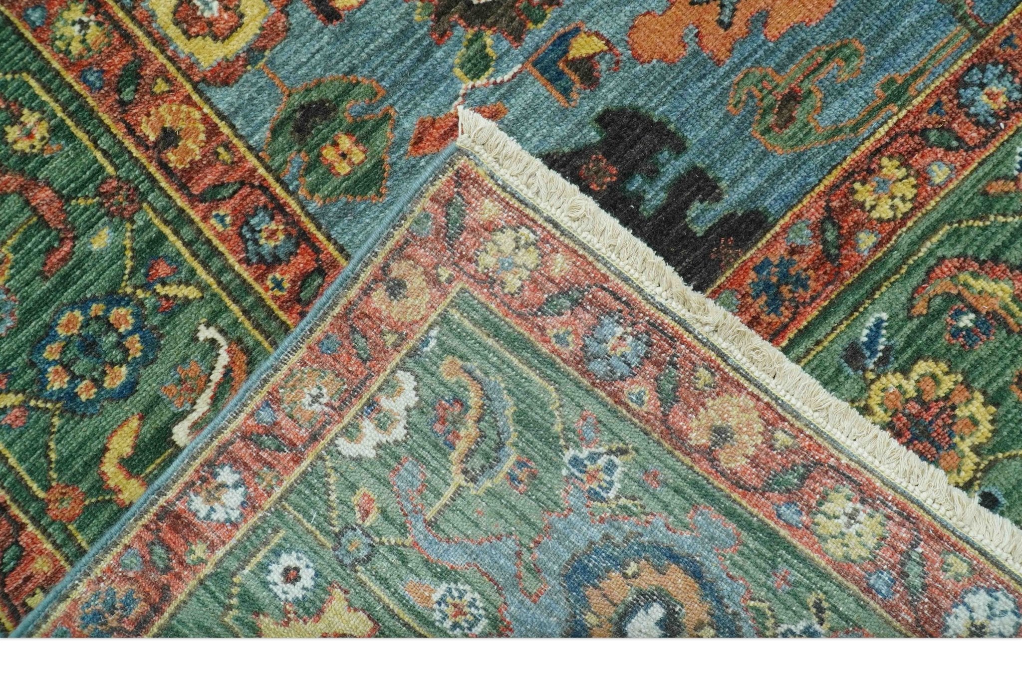 Blue, Green And Rust Traditional Turkish knot fine Hand knotted Wool Area Rug - Image 5