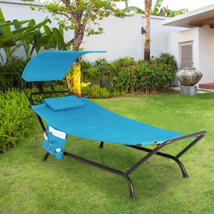 Blue Polyester Chaise Lounge Chair Hammock with Canopy and Storage Bag - Image 3