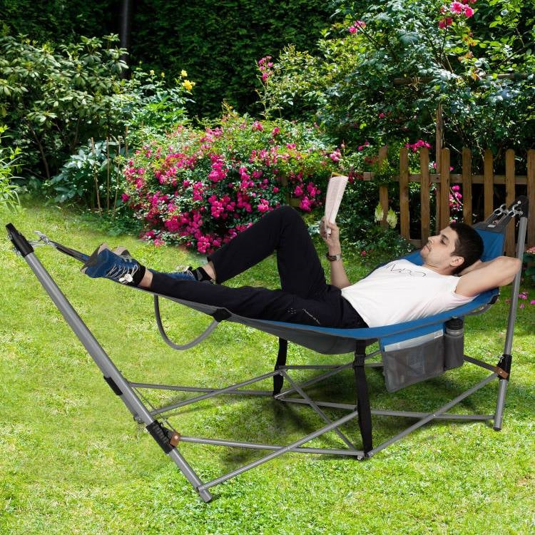 Blue Portable Camping Foldable Hammock with Stand and Carry Case - Image 3