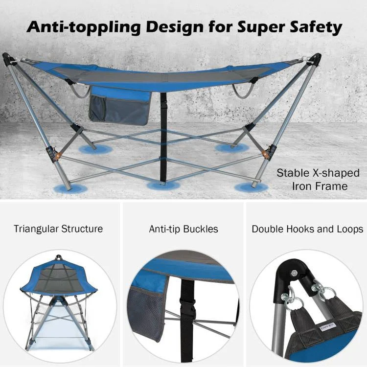 Blue Portable Camping Foldable Hammock with Stand and Carry Case - Image 4