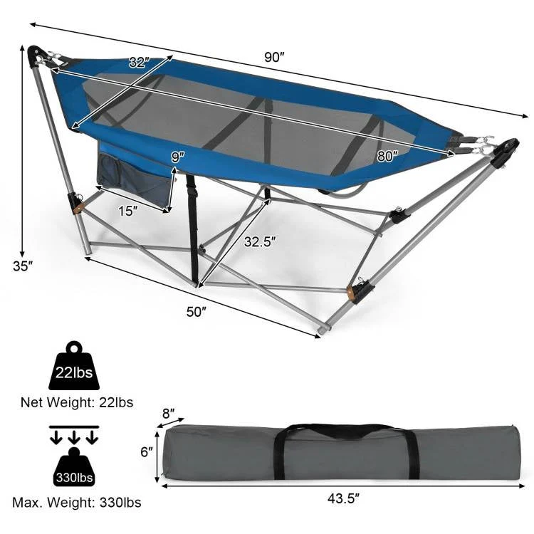 Blue Portable Camping Foldable Hammock with Stand and Carry Case - Image 5