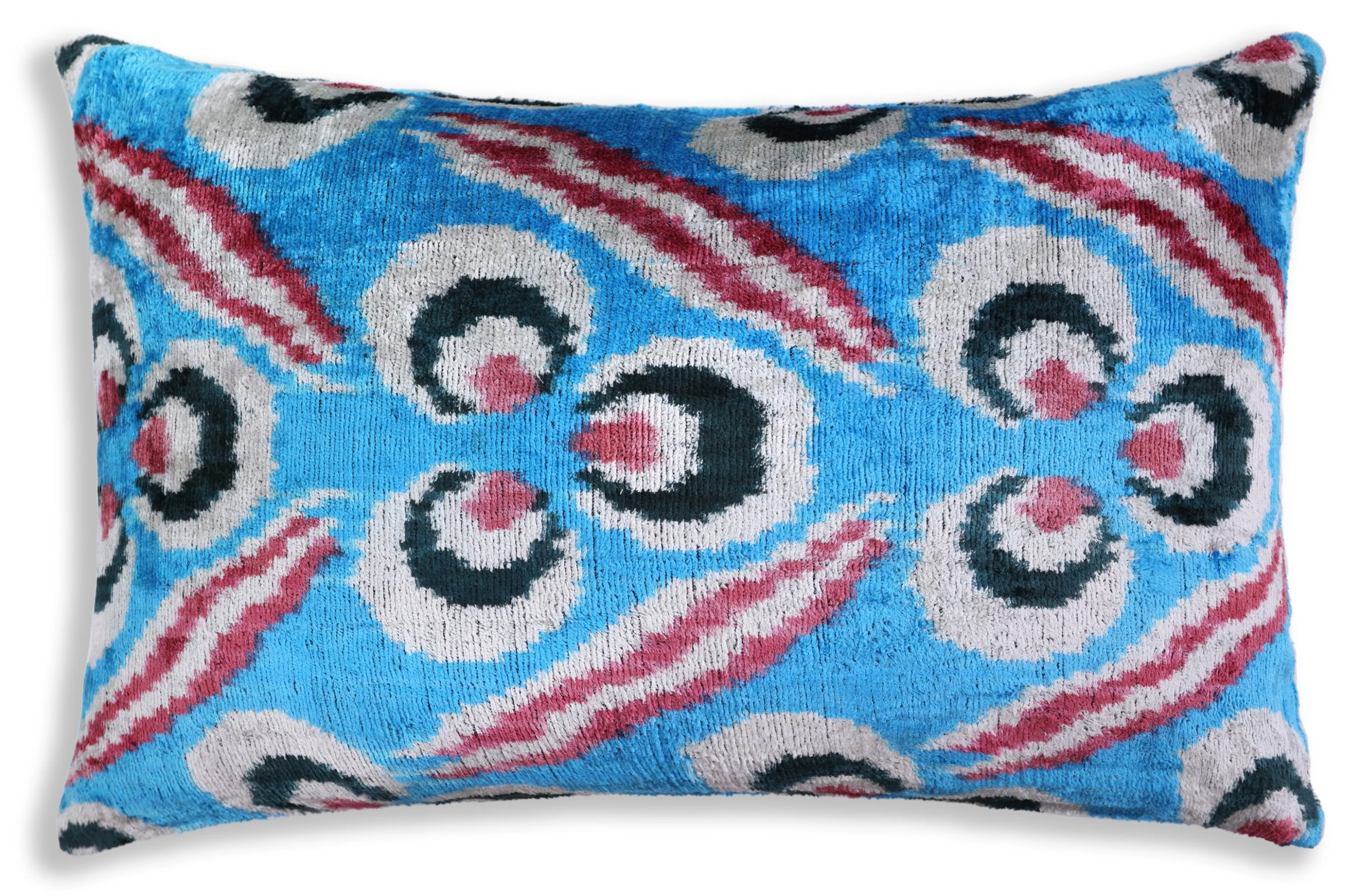 Blue Silk Velvet Ikat Lumbar Pillow 16x24 – Handmade Luxury