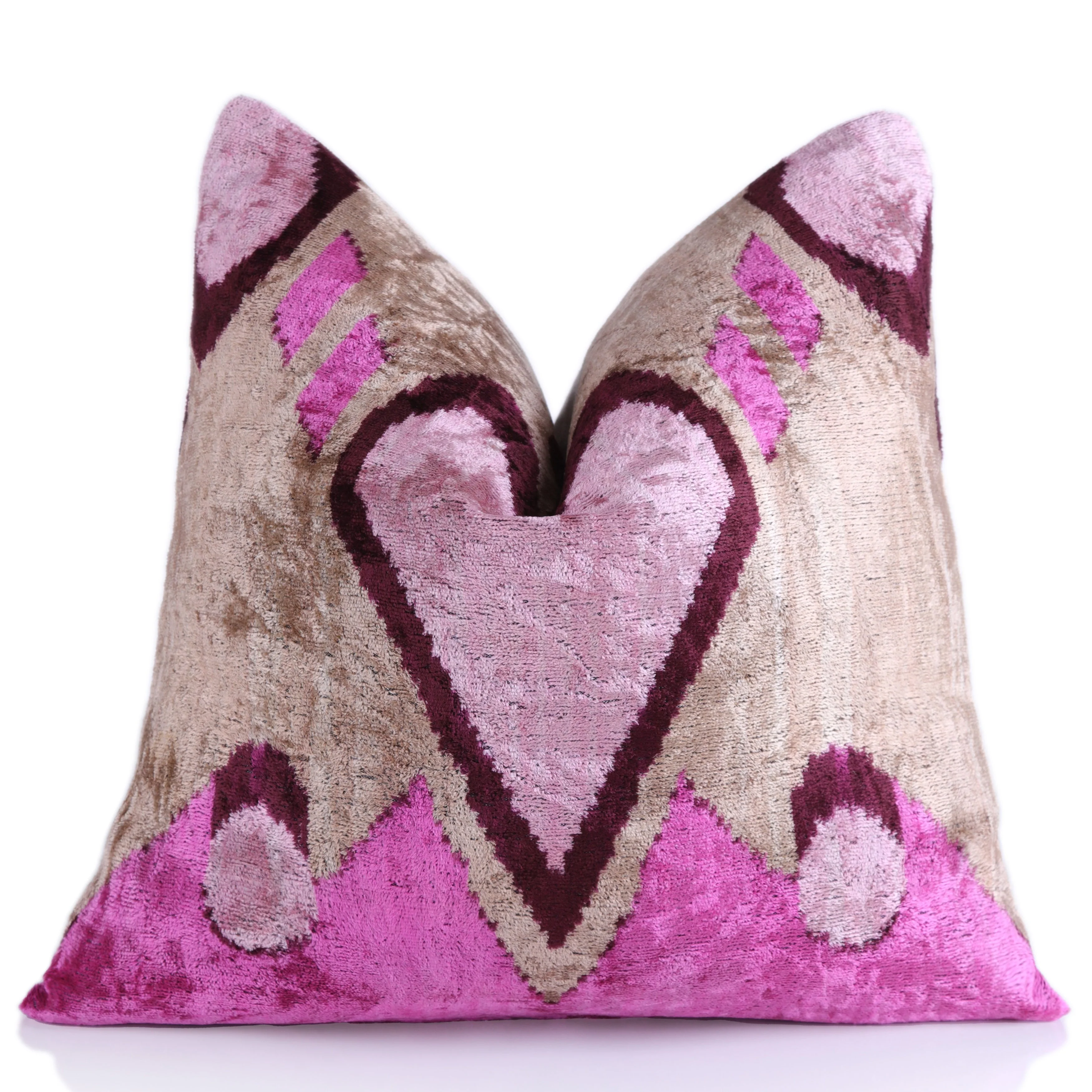 Blush & Magenta Heart Ikat Pillow – 16x16” Silk Velvet Handmade - Image 5