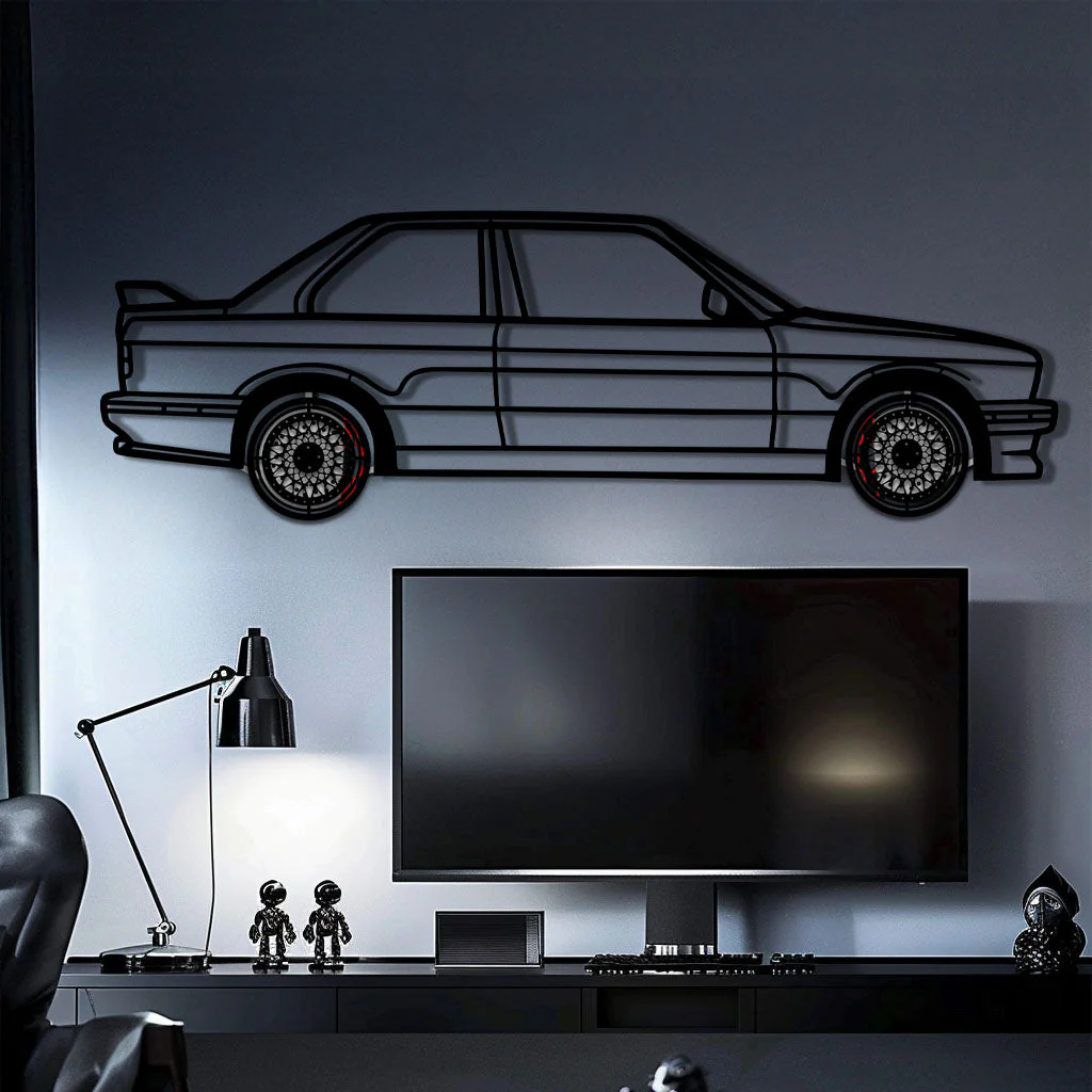 BMW E30 M3 Metal Car Wall Art with Rotating Wheels - Classic M Power Silhouette Decor - Interactive Automotive Wall Art - KAFMEKA100 - Image 2